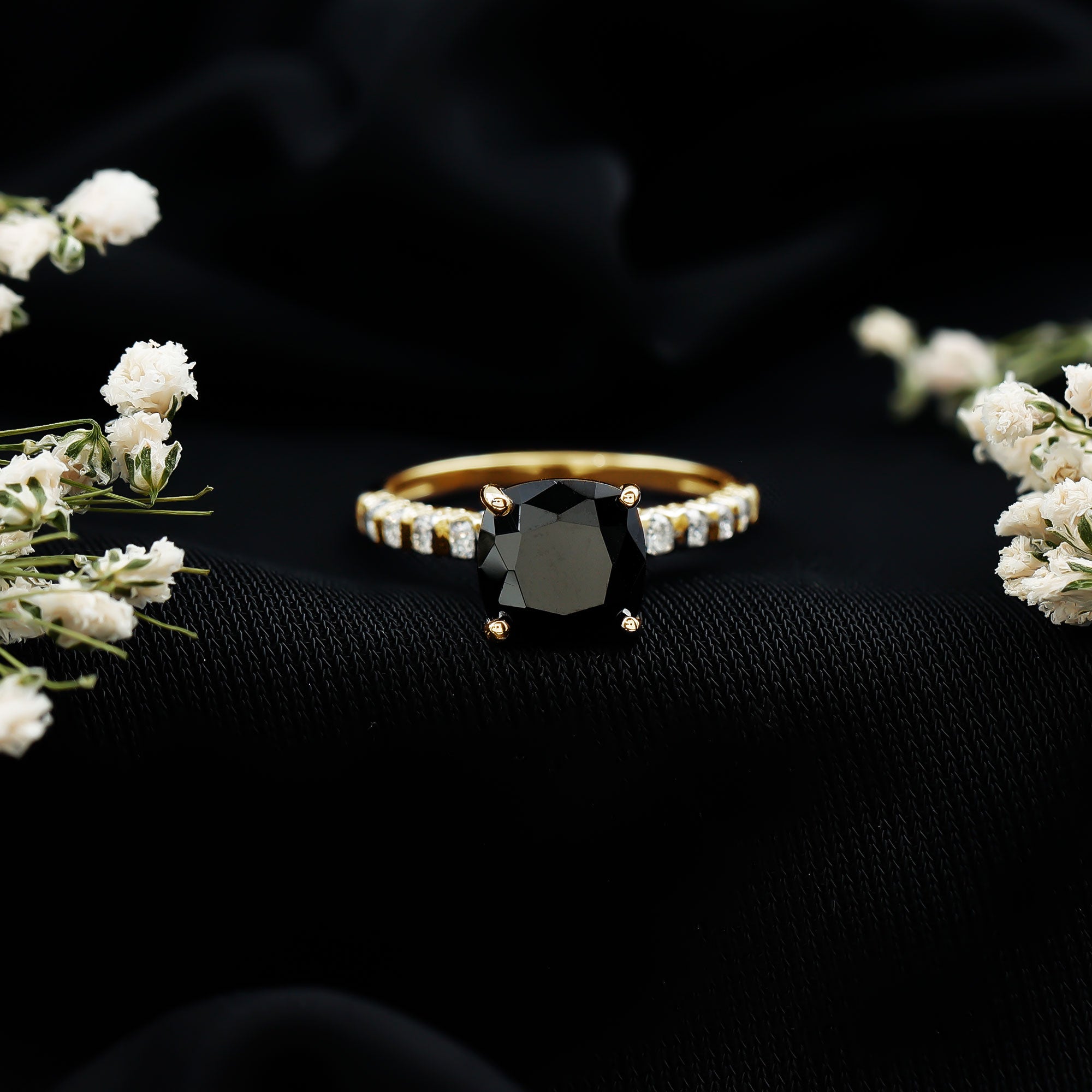 Cushion Cut Created Black Diamond and Diamond Solitaire Ring AAAA ( Synthetic ) - Rosec Jewels