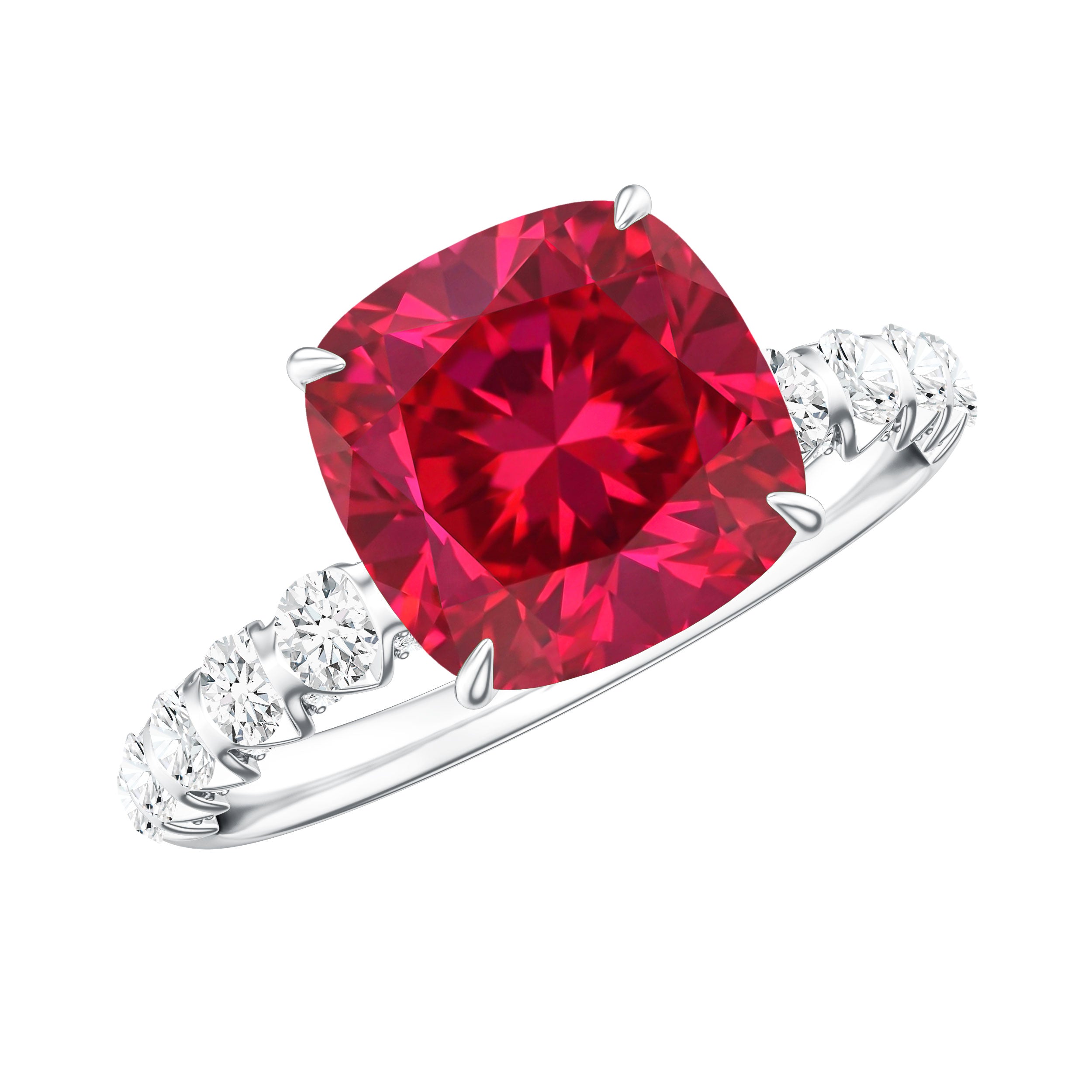 2 Carat Cushion Cut Lab Created Ruby Engagement Ring with Diamond Side Stones AAAA - Rosec Jewels