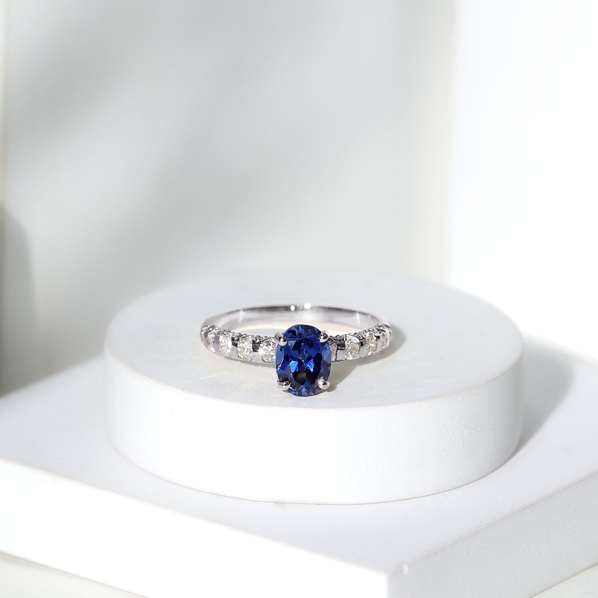 Certified 1.5 Carat Oval Lab Grown Blue Sapphire Engagement Ring with Diamond AAAA - Rosec Jewels