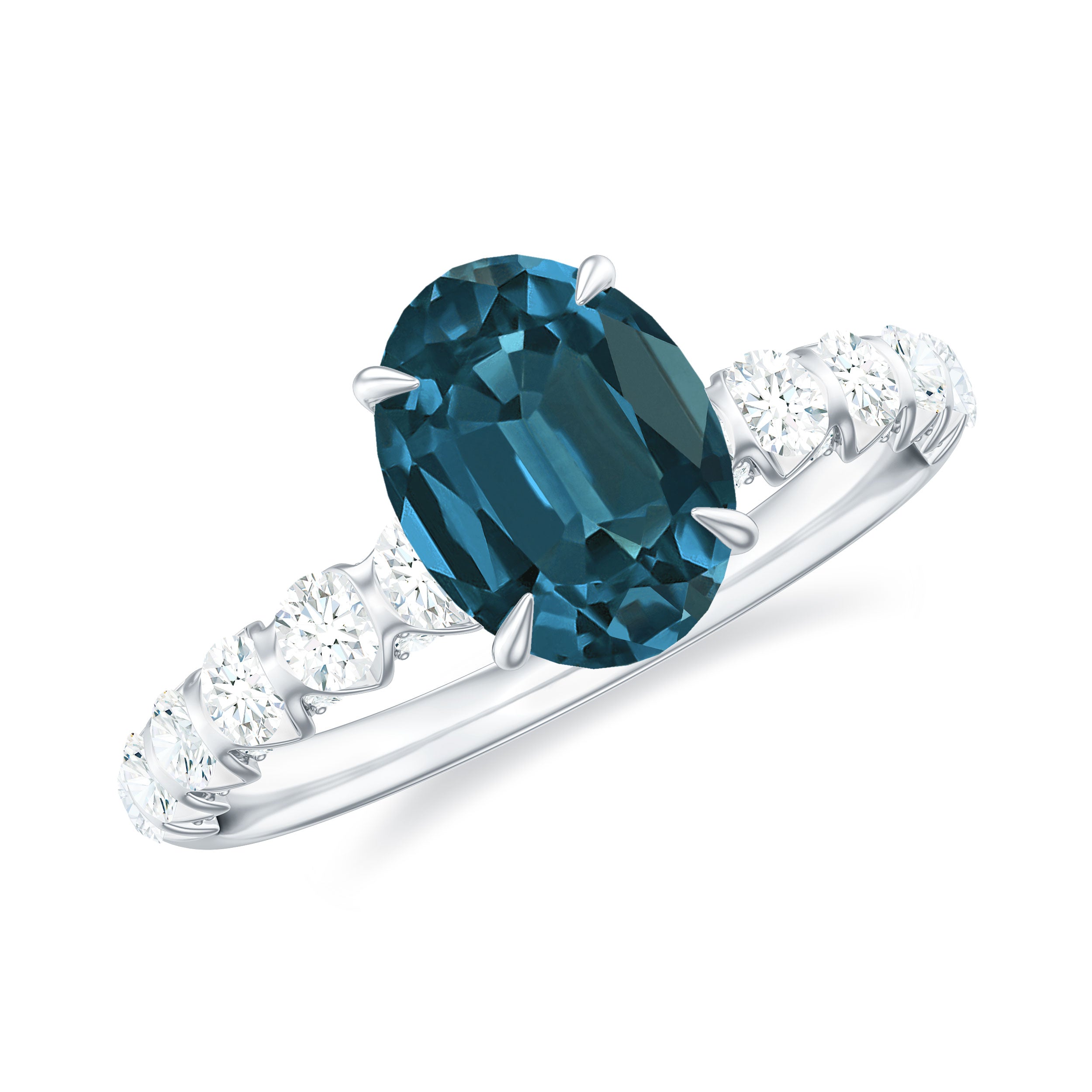 Royal London Blue Topaz Solitaire and Diamond Side Stone Engagement Ring London Blue Topaz - ( AAA ) - Quality - Rosec Jewels