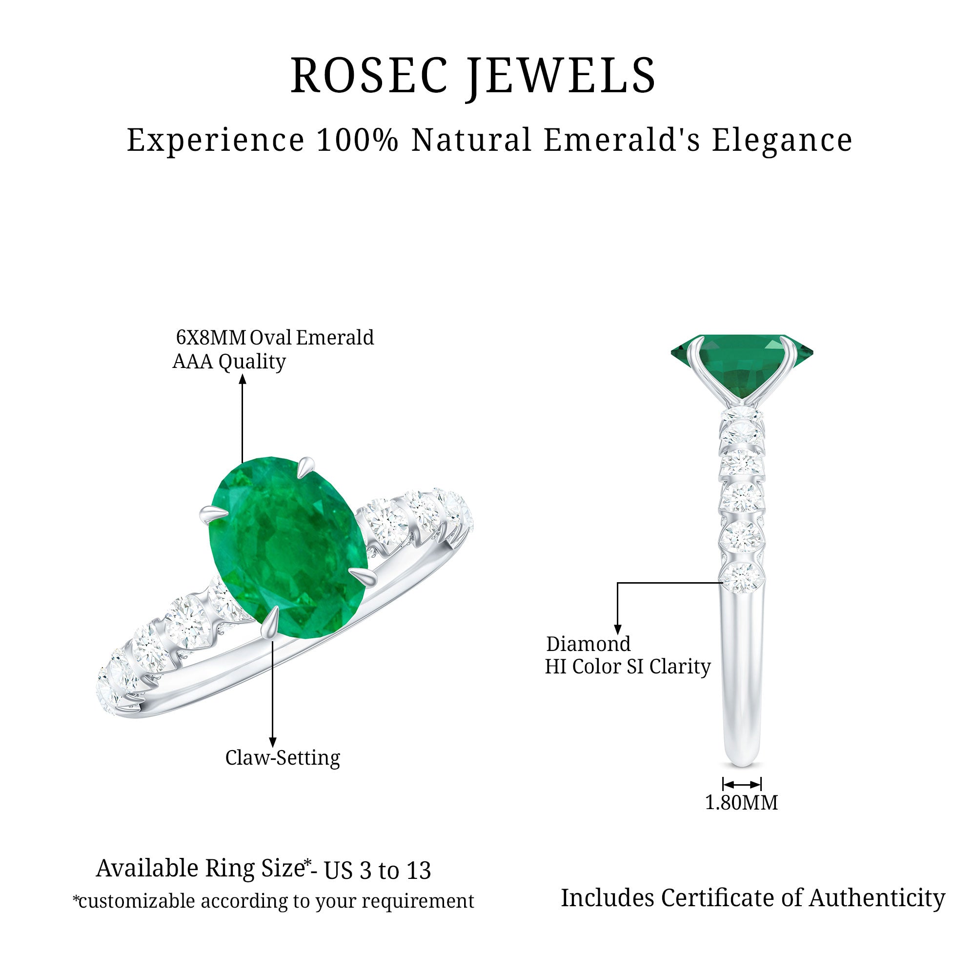 Natural 6X8mm Emerald Oval Engagement Ring with Diamond Side Stones AAA - Rosec Jewels