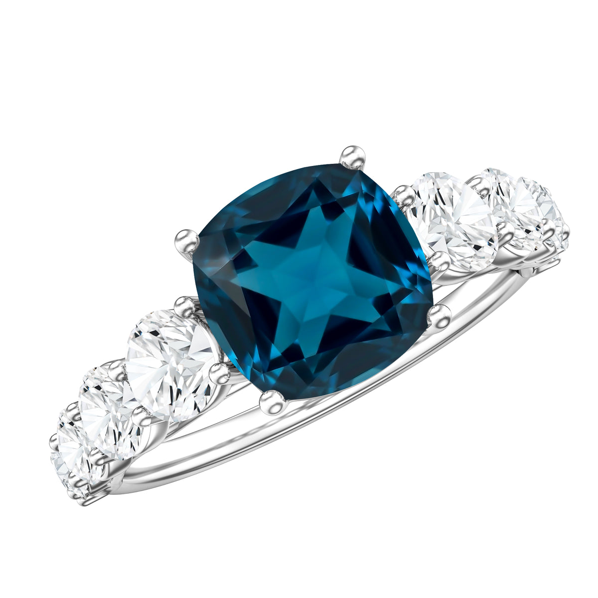2.8 Carat Cushion Cut London Blue Topaz Solitaire Engagement Ring with Moissanite Side Stones AAA - Rosec Jewels