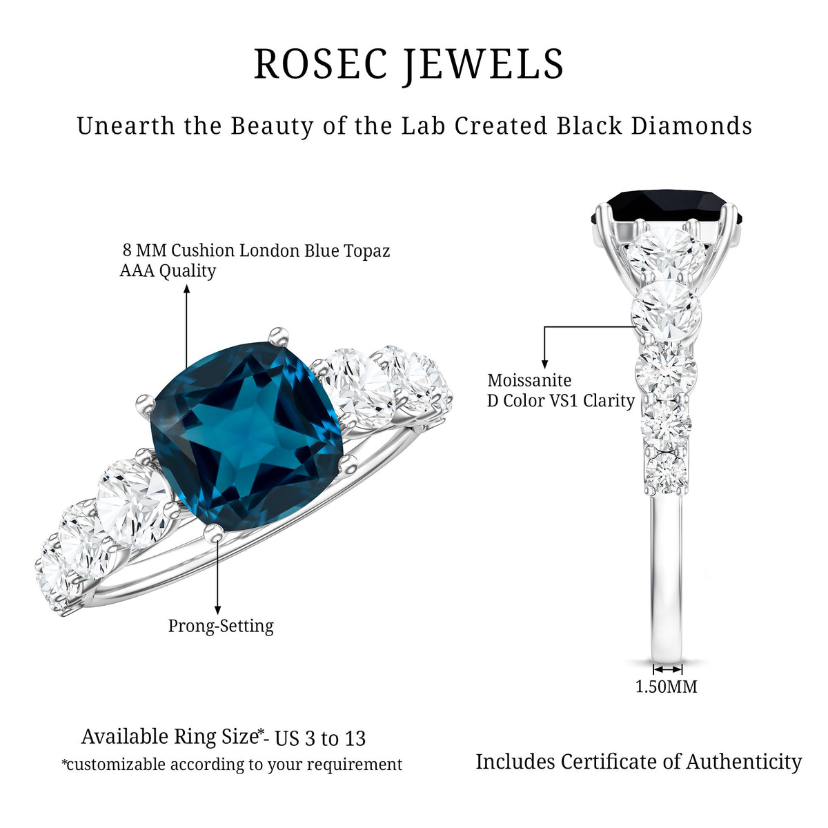 2.8 Carat Cushion Cut London Blue Topaz Solitaire Engagement Ring with Moissanite Side Stones AAA - Rosec Jewels