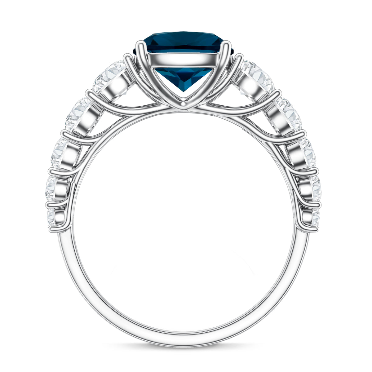 2.8 Carat Cushion Cut London Blue Topaz Solitaire Engagement Ring with Moissanite Side Stones AAA - Rosec Jewels