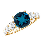2.8 Carat Cushion Cut London Blue Topaz Solitaire Engagement Ring with Moissanite Side Stones AAA - Rosec Jewels