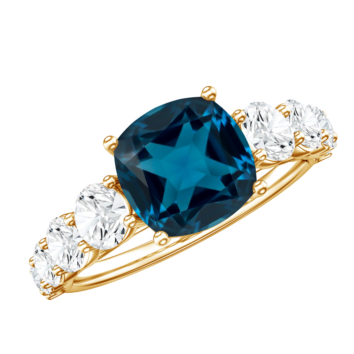 2.8 Carat Cushion Cut London Blue Topaz Solitaire Engagement Ring with Moissanite Side Stones AAA - Rosec Jewels