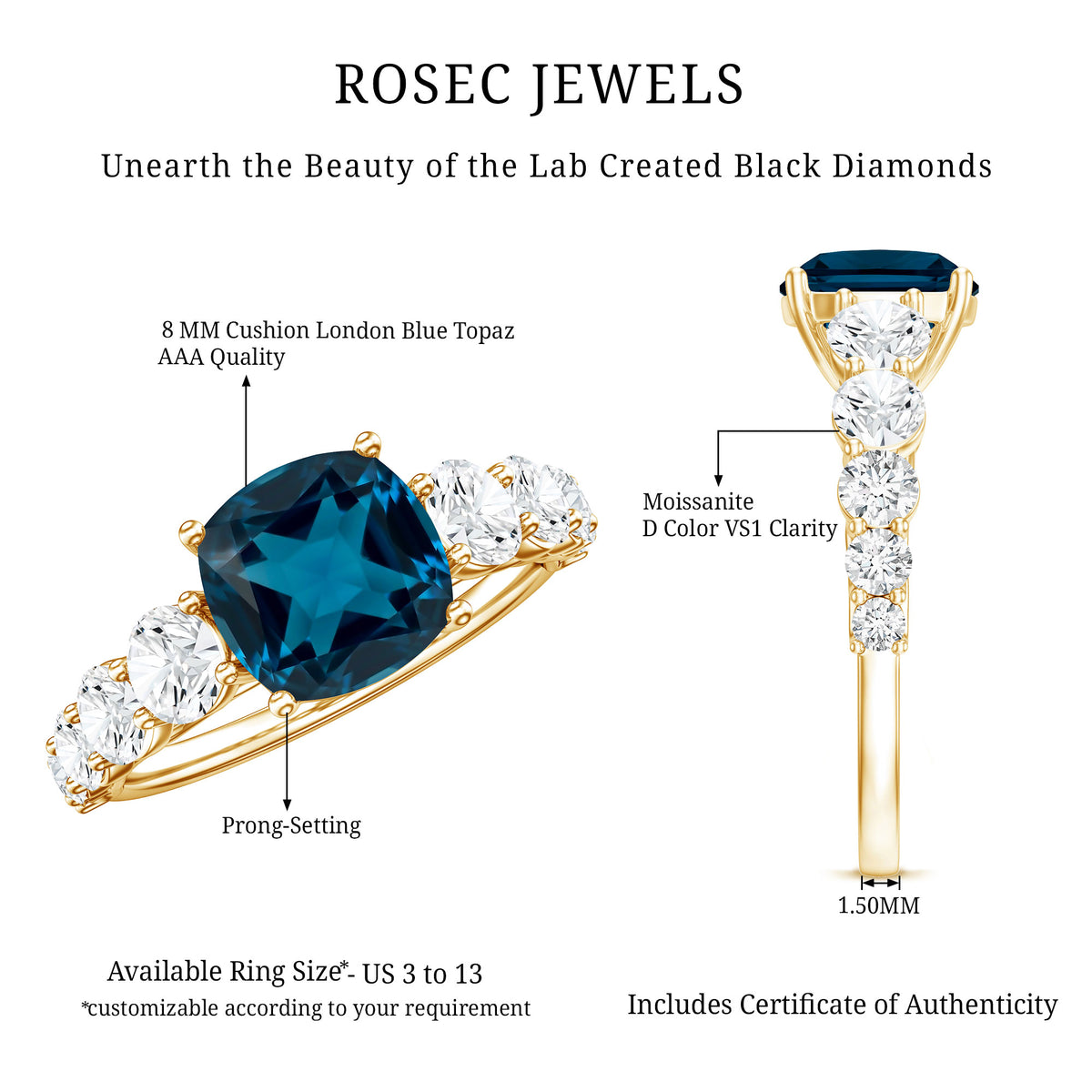 2.8 Carat Cushion Cut London Blue Topaz Solitaire Engagement Ring with Moissanite Side Stones AAA - Rosec Jewels