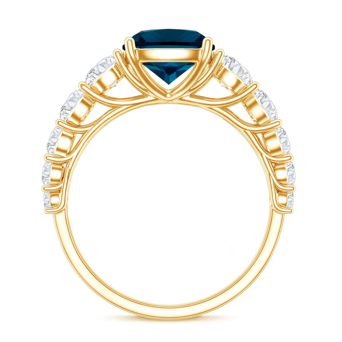 2.8 Carat Cushion Cut London Blue Topaz Solitaire Engagement Ring with Moissanite Side Stones AAA - Rosec Jewels
