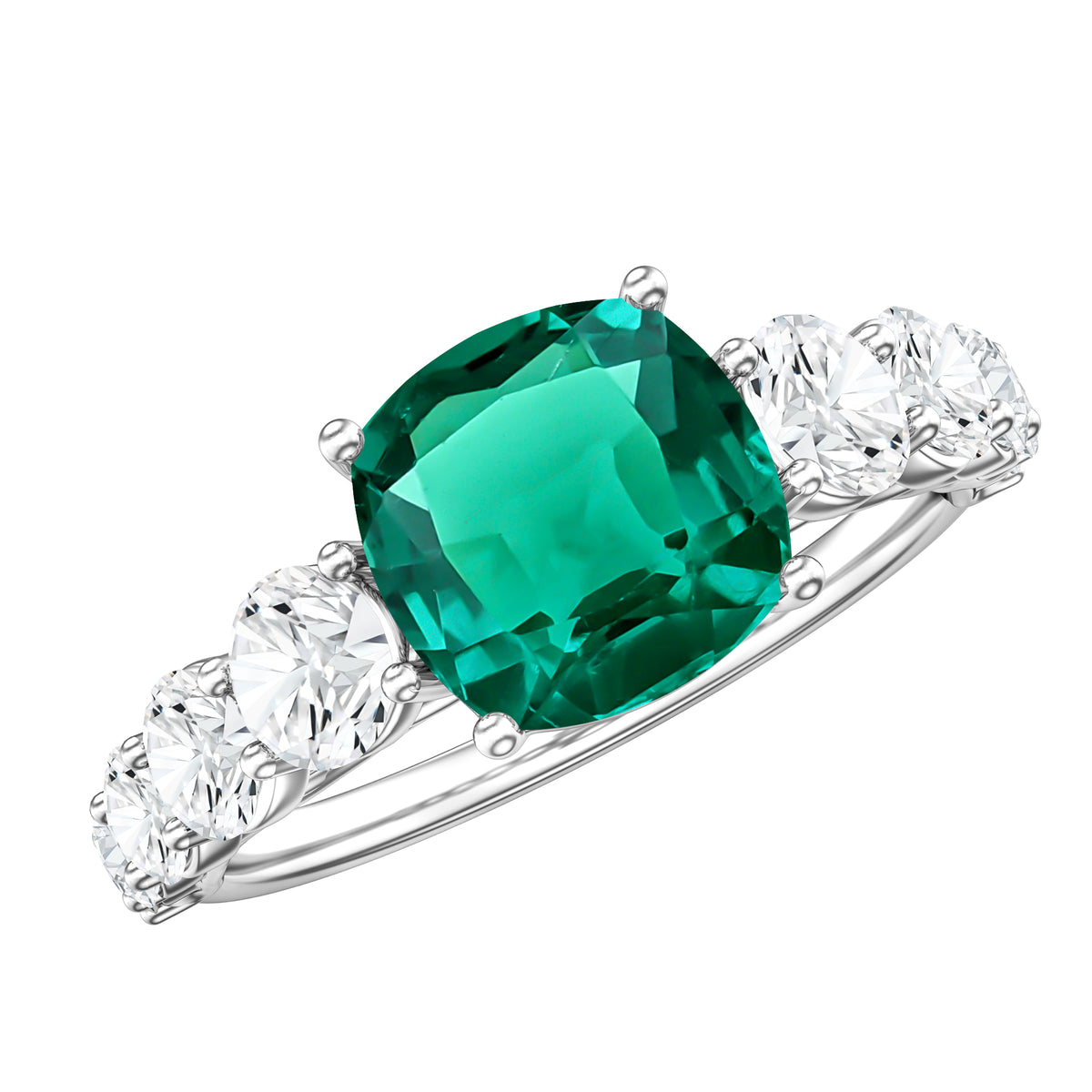 Lab Grown Emerald 2 Carat Cushion Engagement Ring with Moissanite Side Stones AAAA - Rosec Jewels