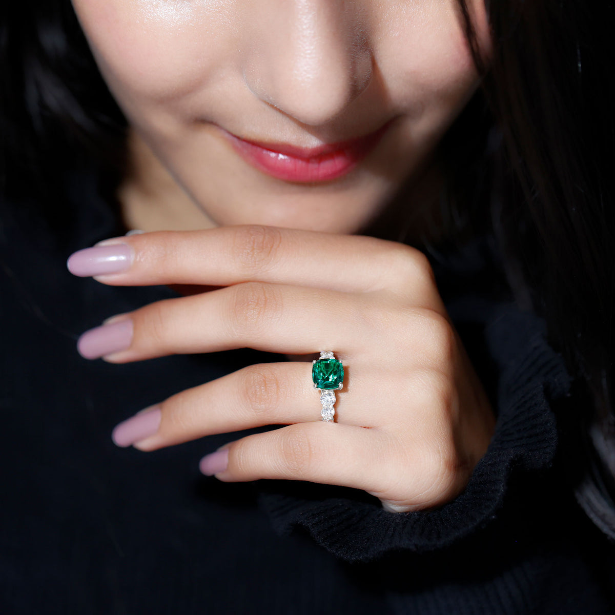 Lab Grown Emerald 2 Carat Cushion Engagement Ring with Moissanite Side Stones AAAA - Rosec Jewels