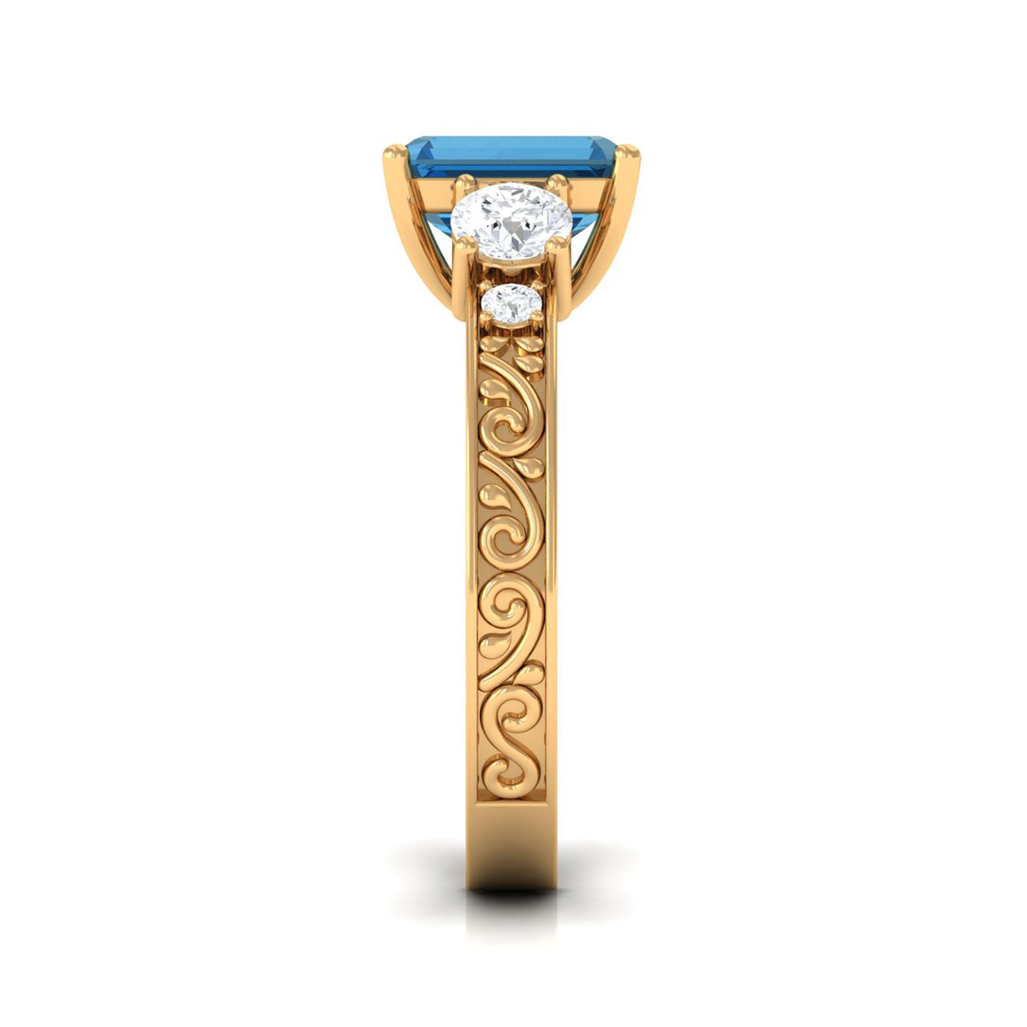 6X8mm Emerald Cut London Blue Topaz Statement Ring with Engraved Shank AAA - Rosec Jewels