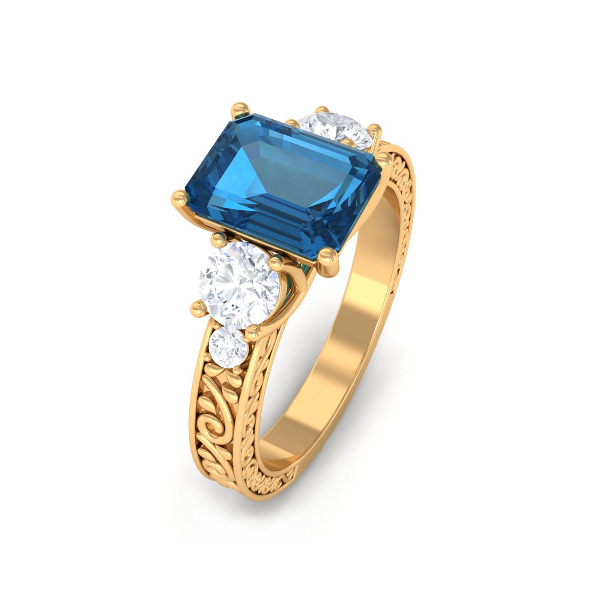 6X8mm Emerald Cut London Blue Topaz Statement Ring with Engraved Shank AAA - Rosec Jewels