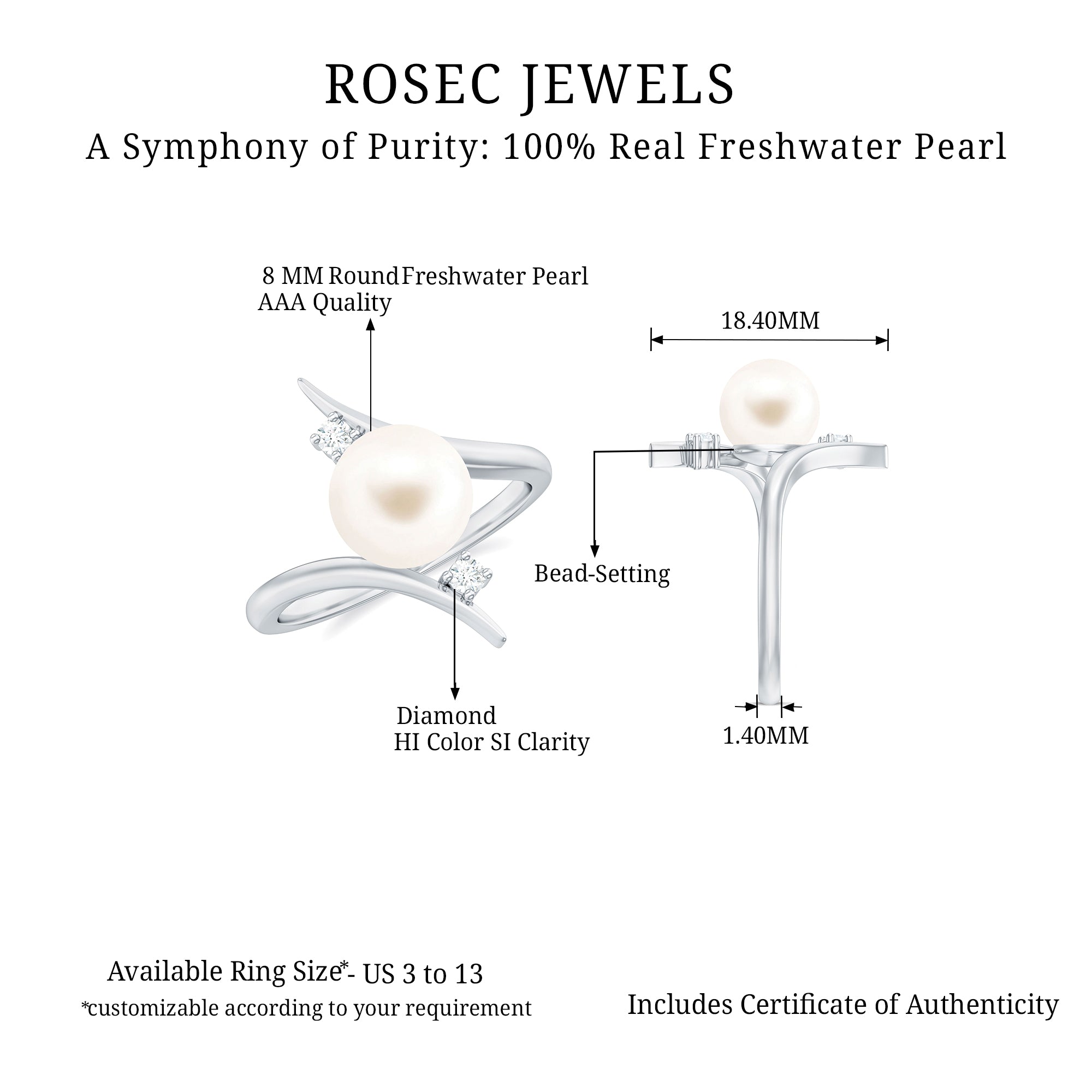Rosec Jewels-Cultured 7.4 Carat Freshwater Pearl Engagement Ring with Diamond Bypass Shank