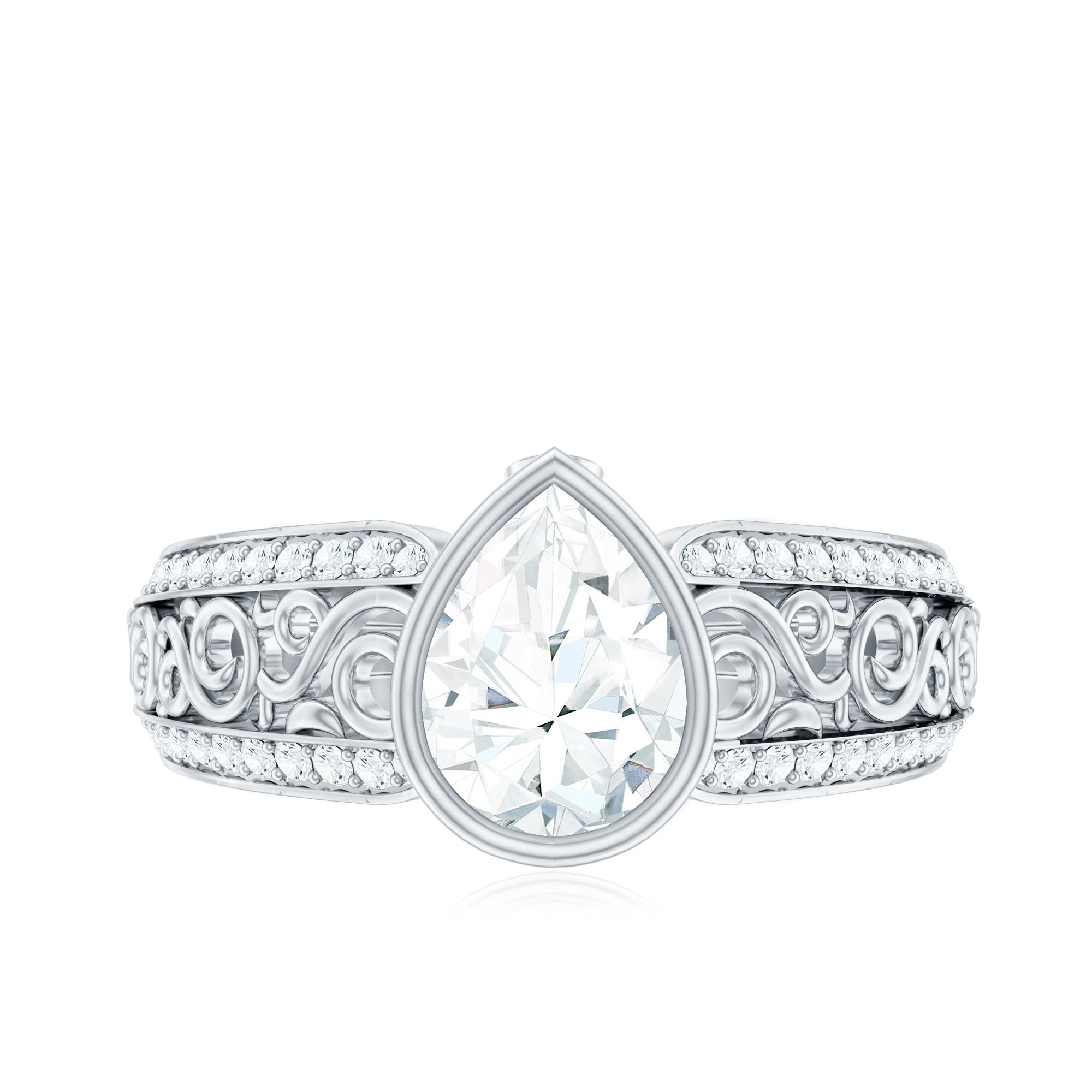 Bezel Set Moissanite Pear Engagement Ring with Filigree Details D-VS1 - Rosec Jewels