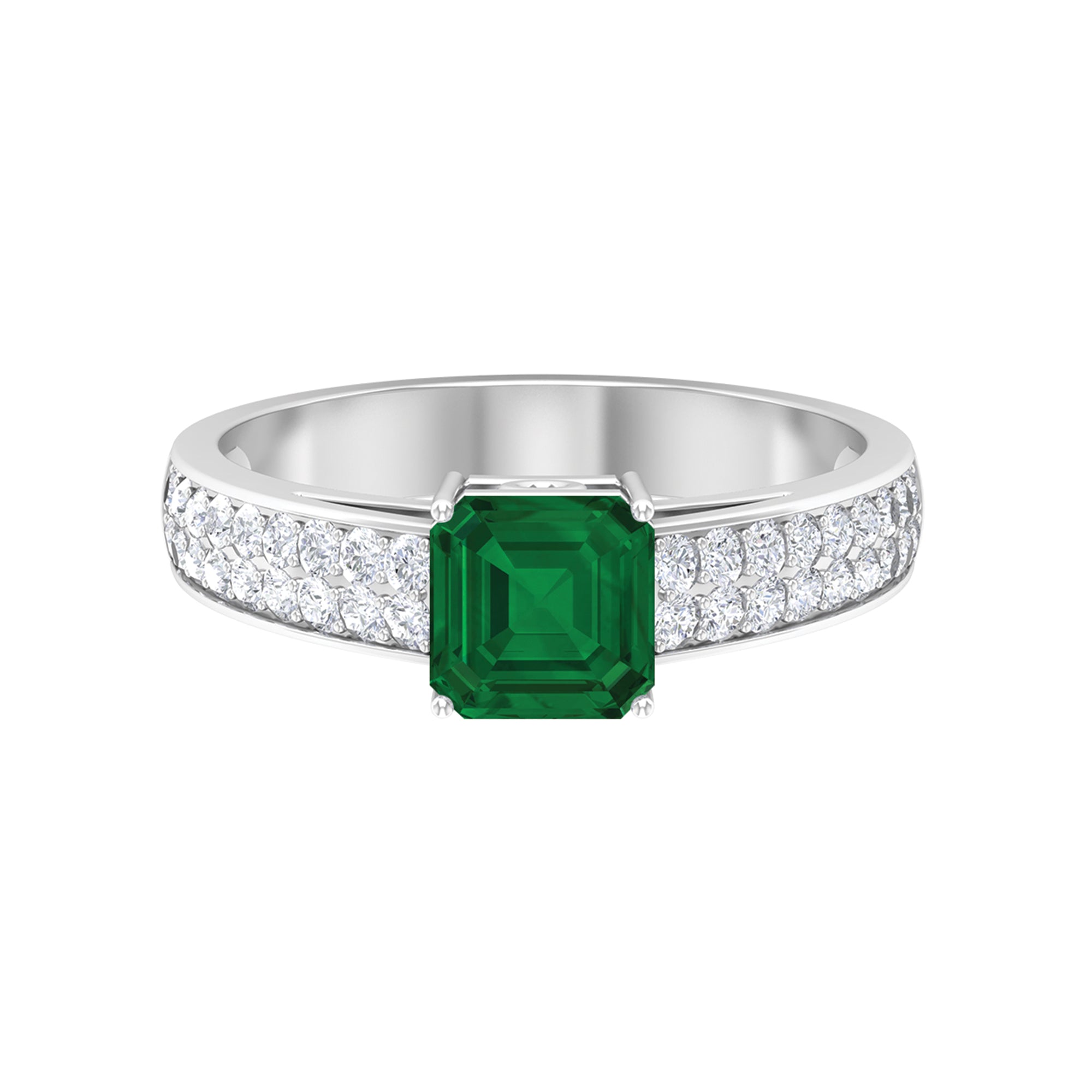 Asscher Cut Lab Grown Emerald Engagement Ring with Diamond Side Stones Lab Created Emerald - ( AAAA ) - Quality - Rosec Jewels