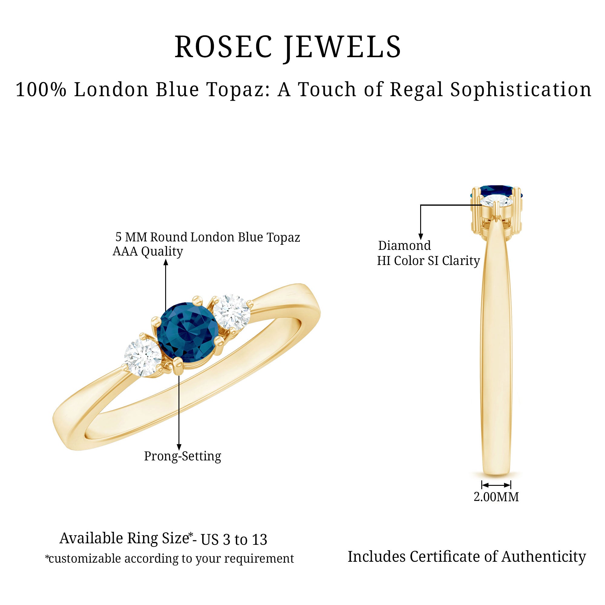 5mm London Blue Topaz Proposal Ring with Diamond AAA - Rosec Jewels