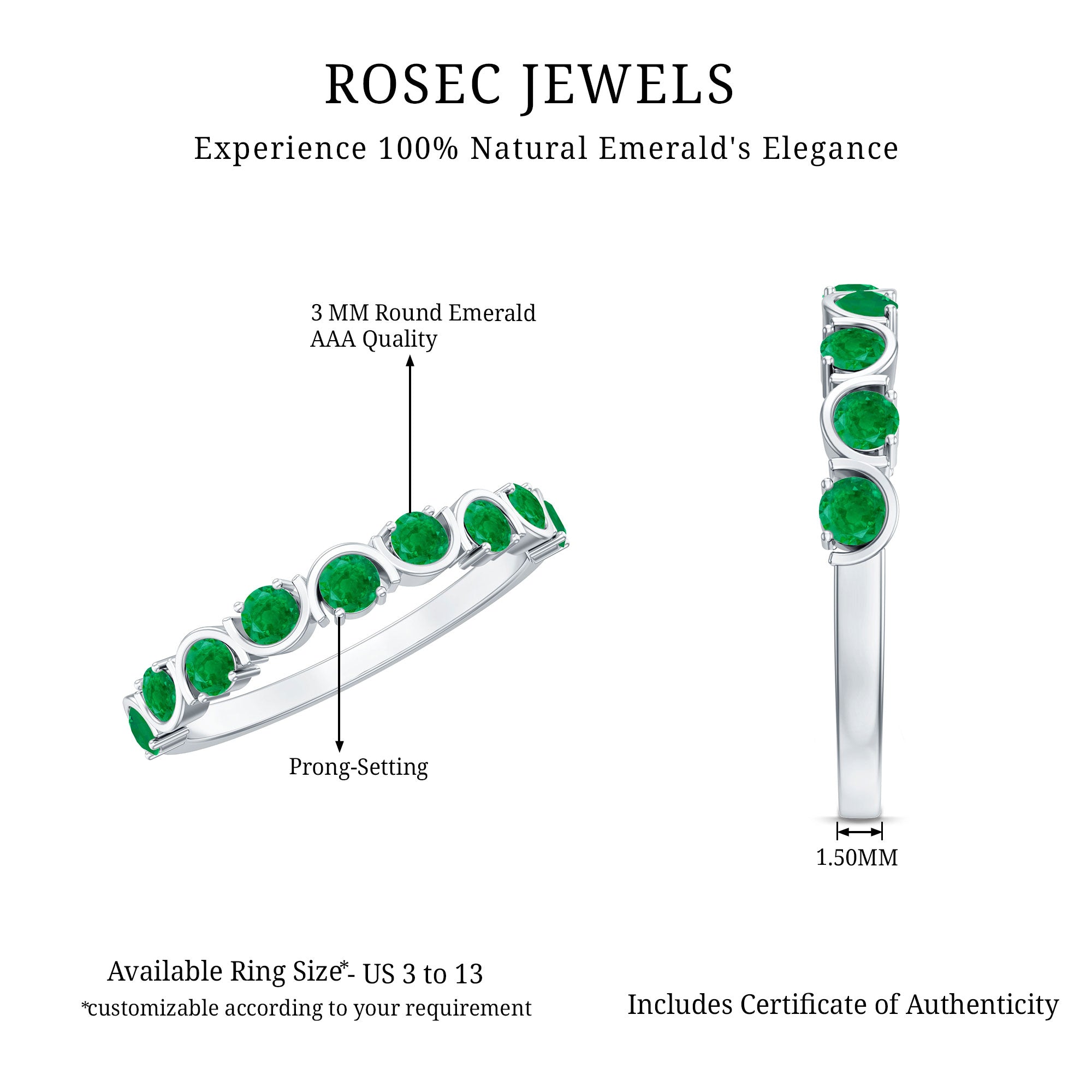 Natural Green Emerald Half Eternity Stackable Ring AAA - Rosec Jewels