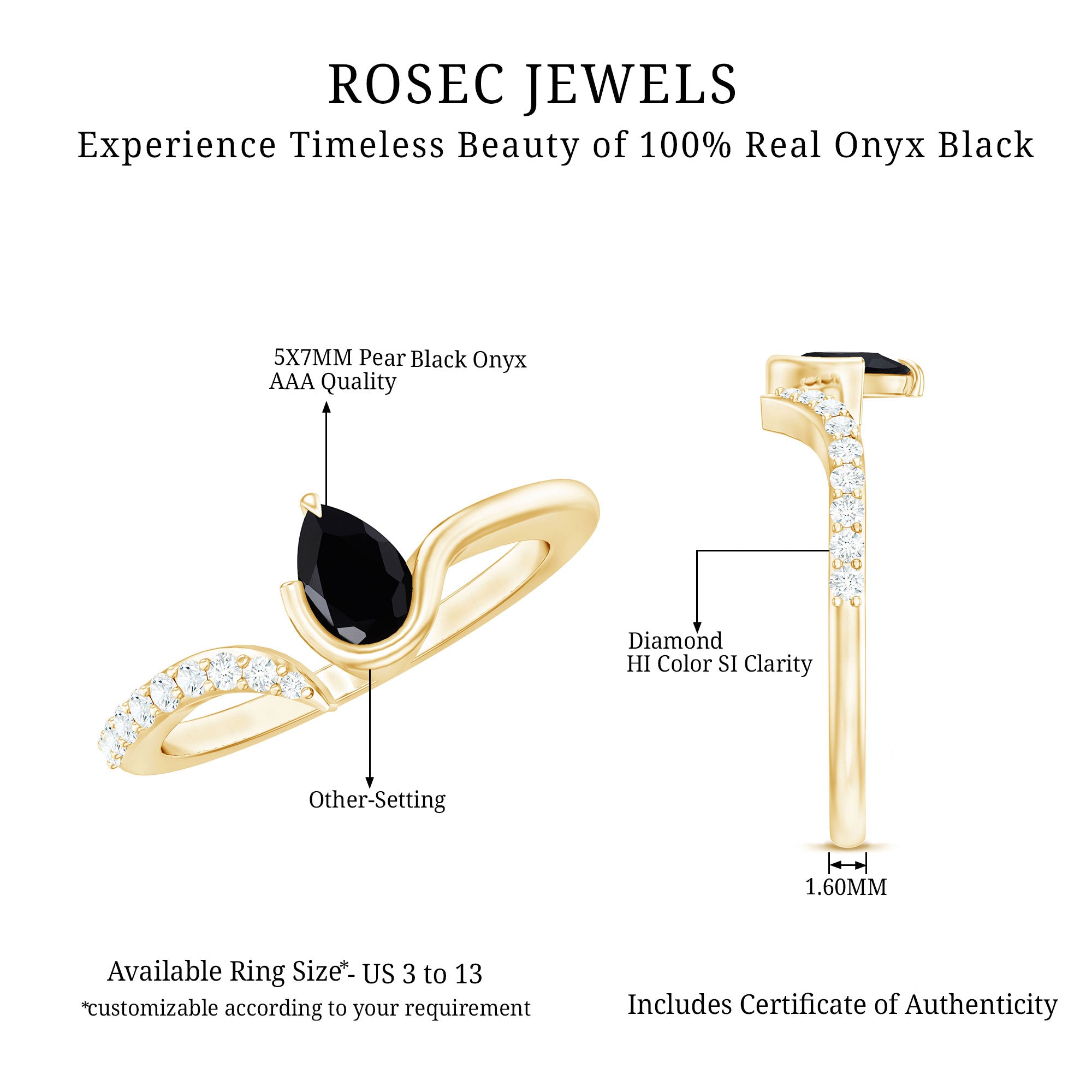 Pear Shaped Black Onyx Promise Ring with Diamonds AAA - Rosec Jewels