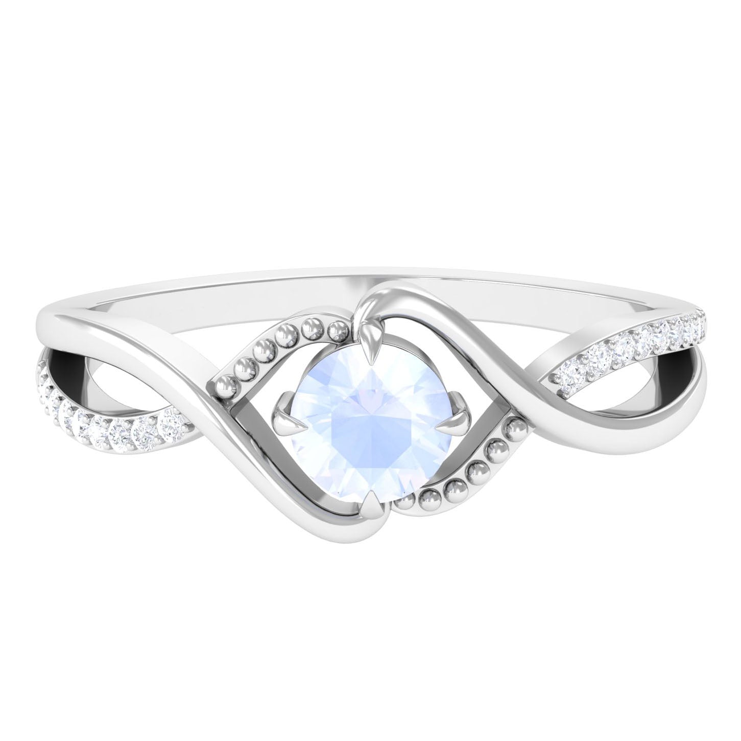 1/2 CT Claw Set Moonstone Solitaire Crossover Ring with Diamond AAA - Rosec Jewels