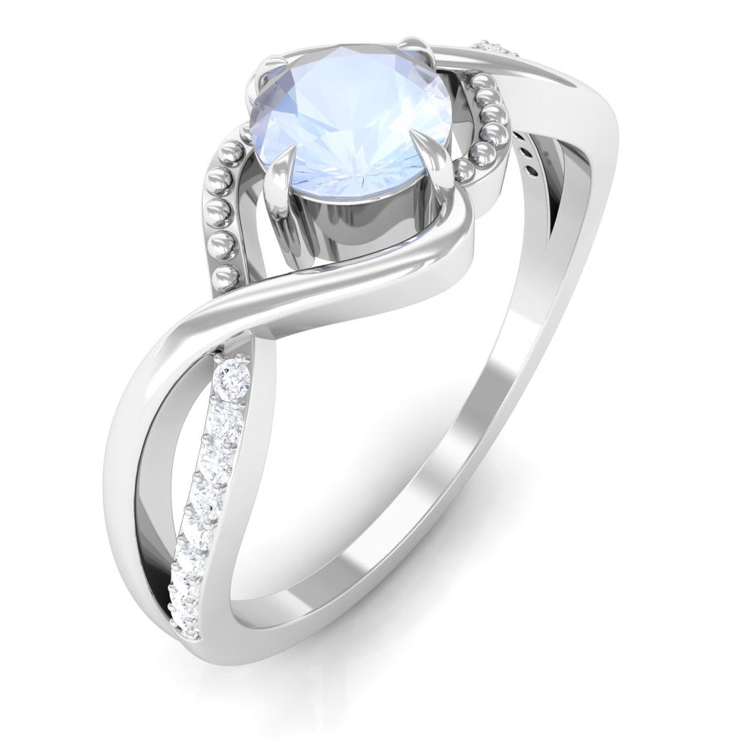 1/2 CT Claw Set Moonstone Solitaire Crossover Ring with Diamond AAA - Rosec Jewels