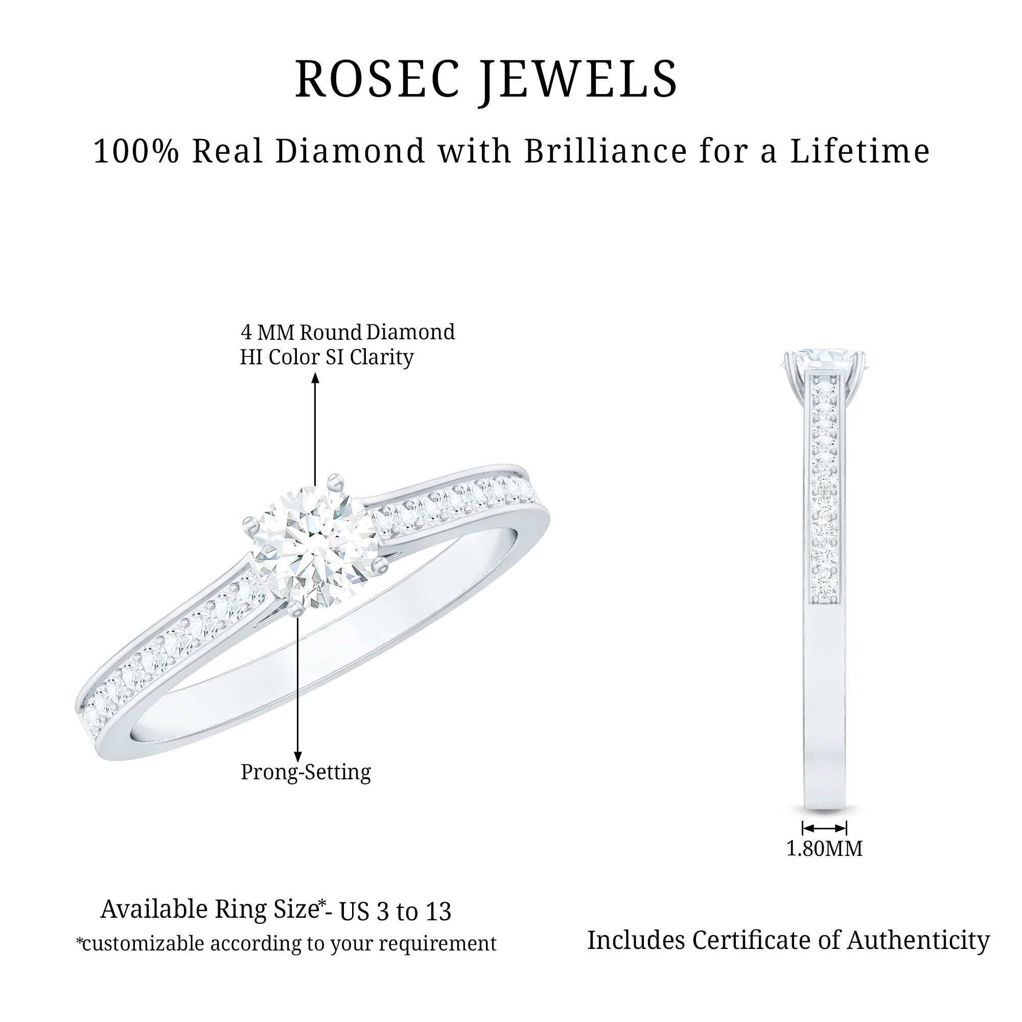 Certified Natural Diamond Promise Ring Natural - ( HI-SI ) - Rosec Jewels