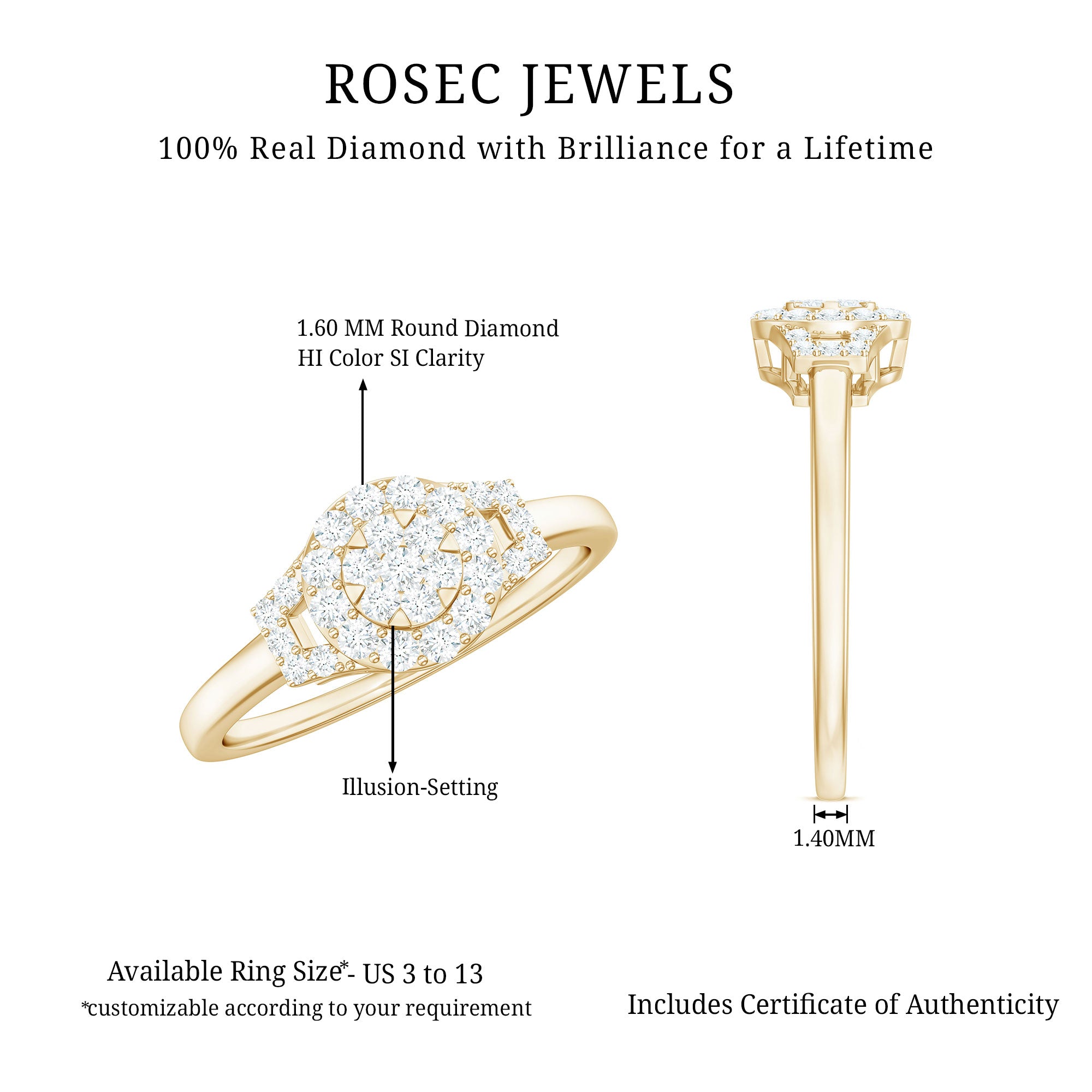 Real Diamond Engagement Ring with Halo Natural - ( HI-SI ) - Rosec Jewels