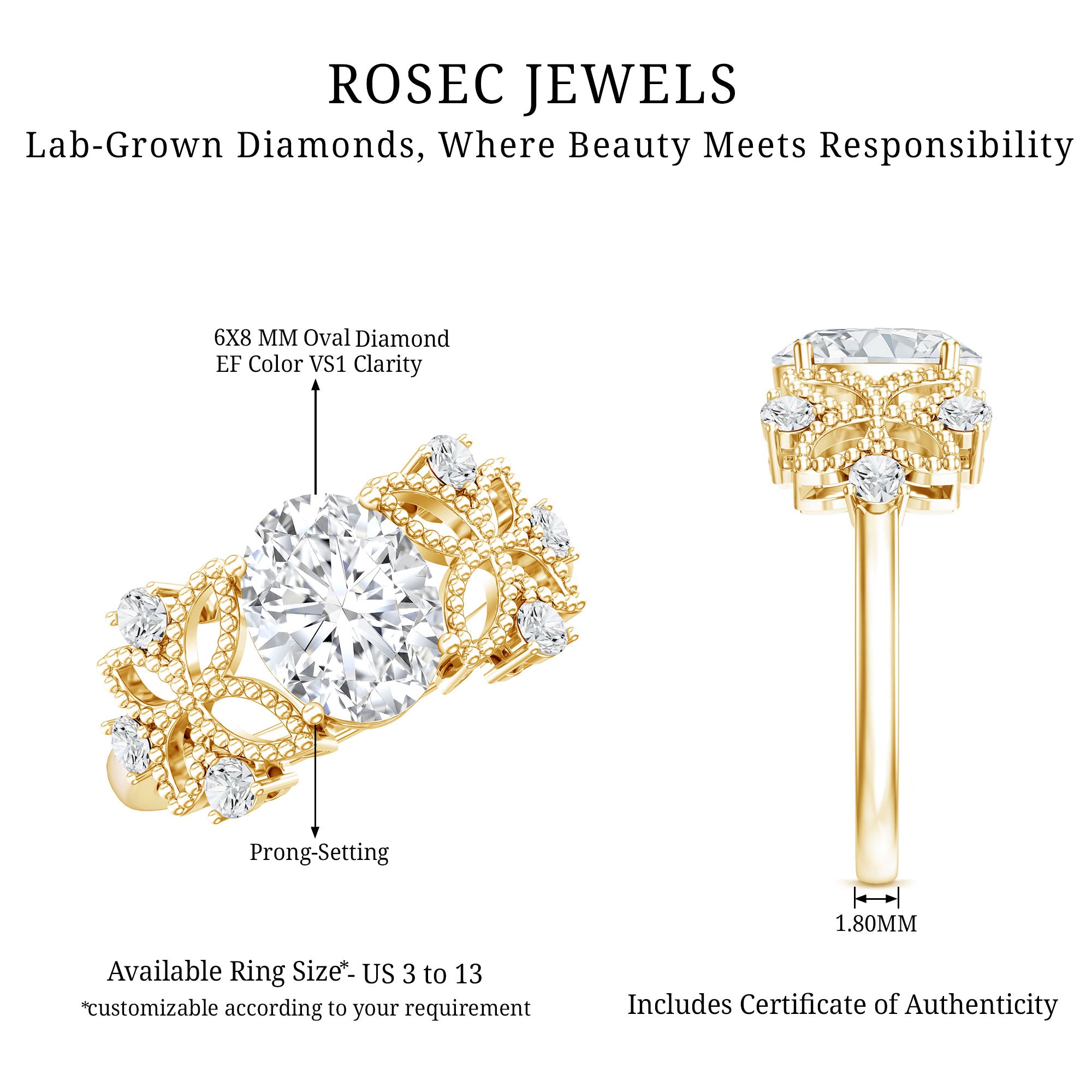 6X8mm Oval Lab Grown Diamond Flower Engagement Ring Lab - ( EF-VS ) - Rosec Jewels