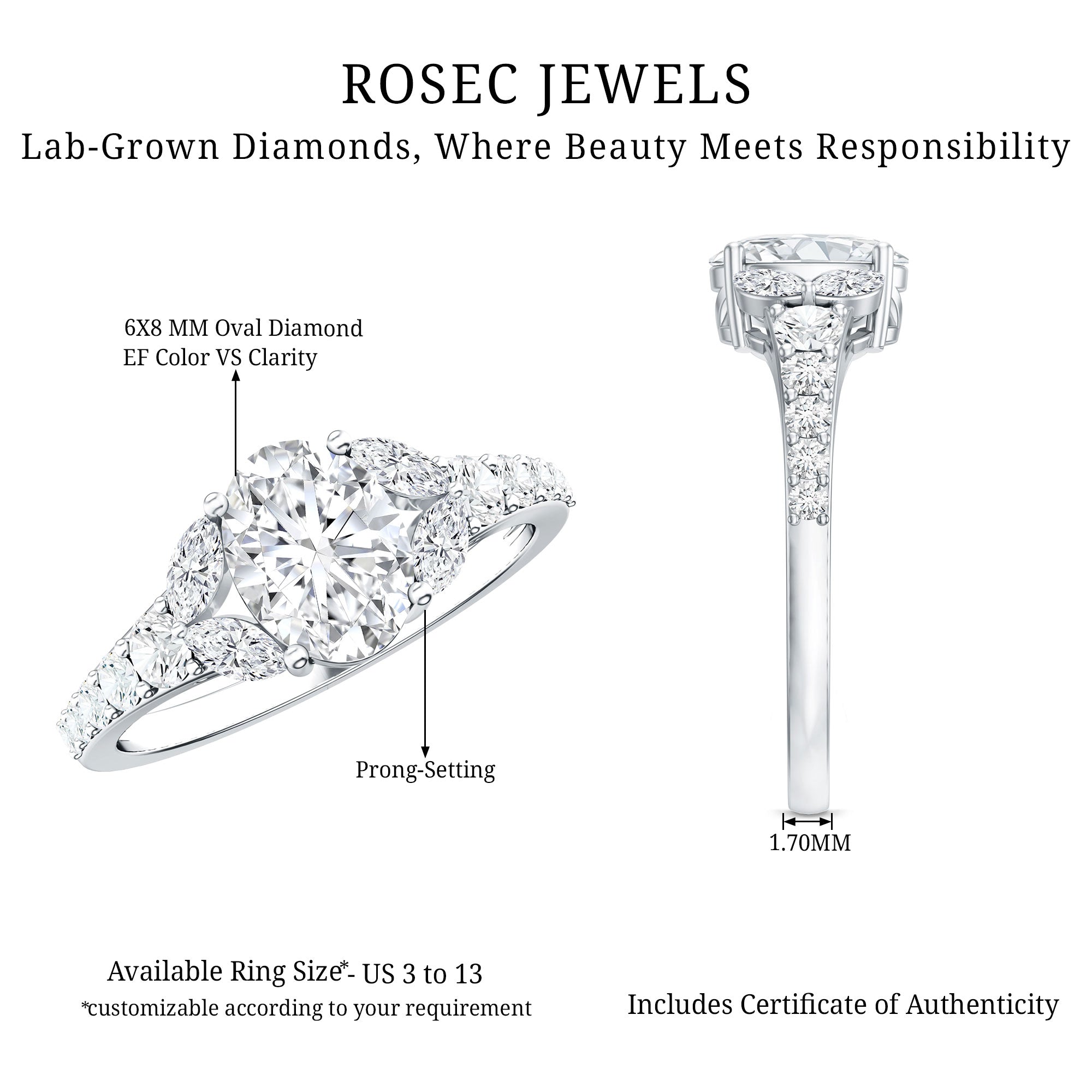 Certified 6X8MM Oval Lab Grown Diamond Engagement Ring With Side Stones Lab - ( EF-VS ) - Rosec Jewels