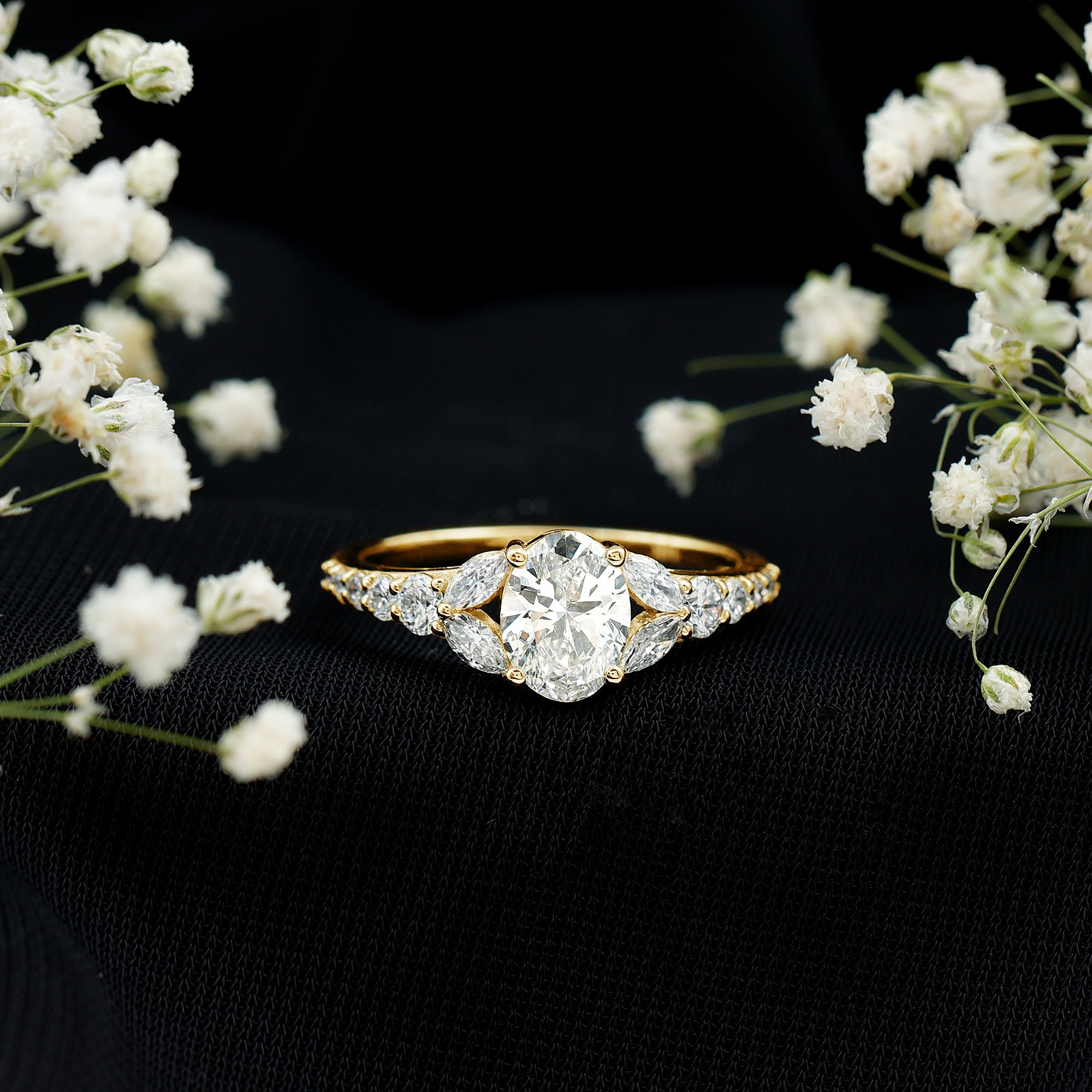 Certified 6X8MM Oval Lab Grown Diamond Engagement Ring With Side Stones Lab - ( EF-VS ) - Rosec Jewels