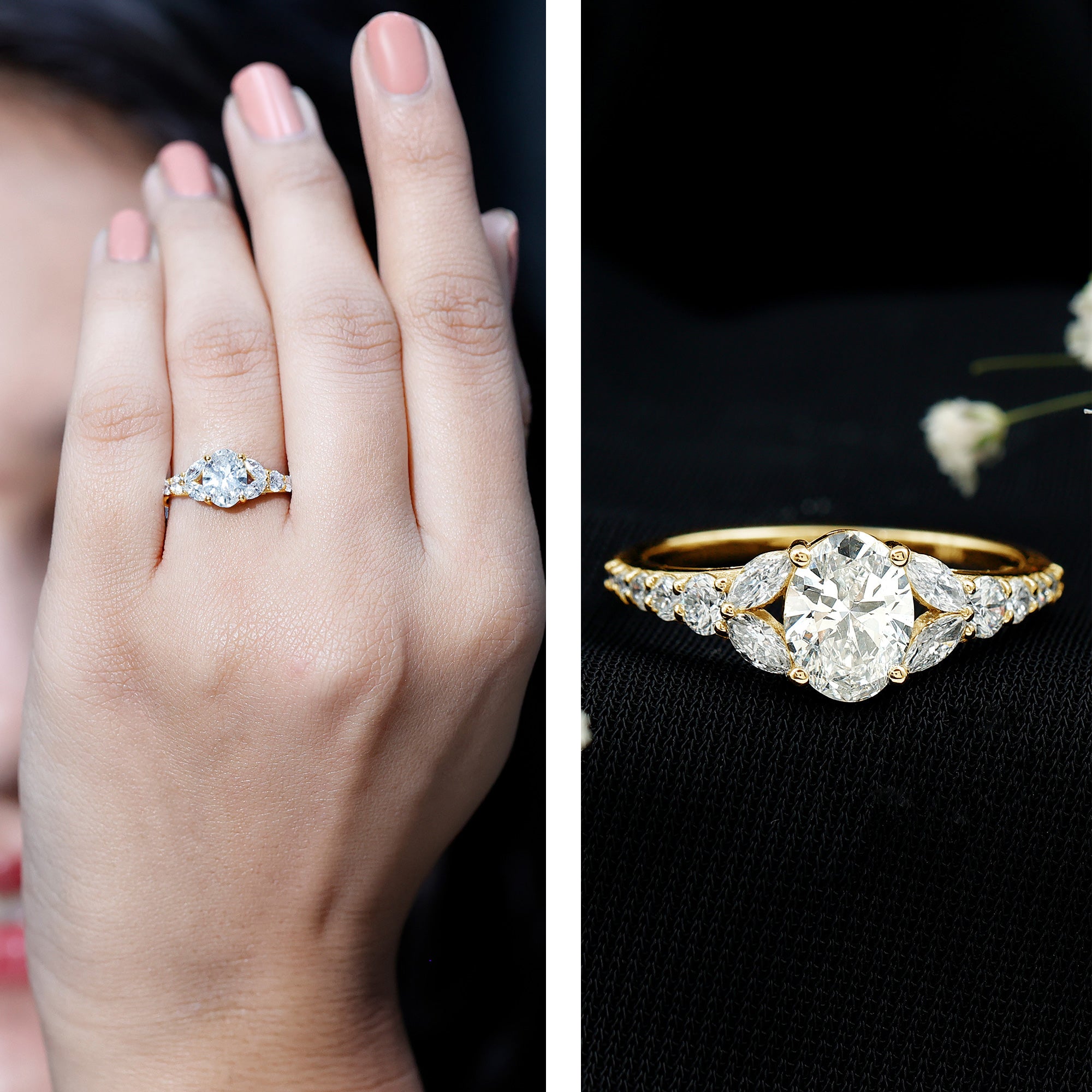 Certified 6X8MM Oval Lab Grown Diamond Engagement Ring With Side Stones Lab - ( EF-VS ) - Rosec Jewels