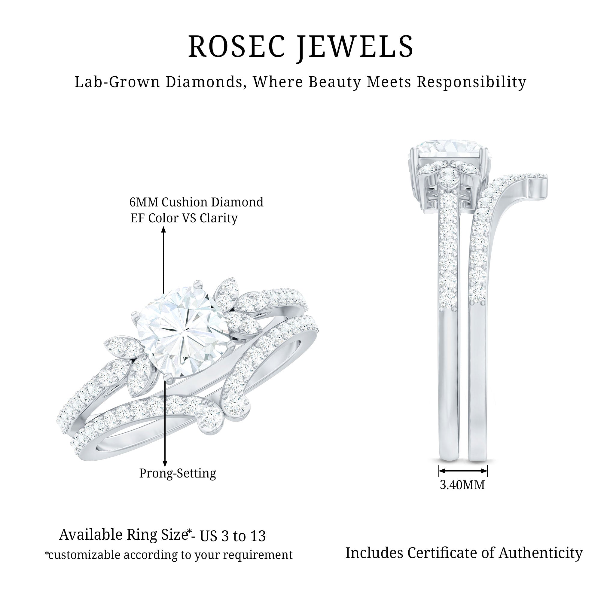 Certified 6 MM Cushion Lab Grown Diamond Engagement Ring with Wedding Band Lab - ( EF-VS ) - Rosec Jewels