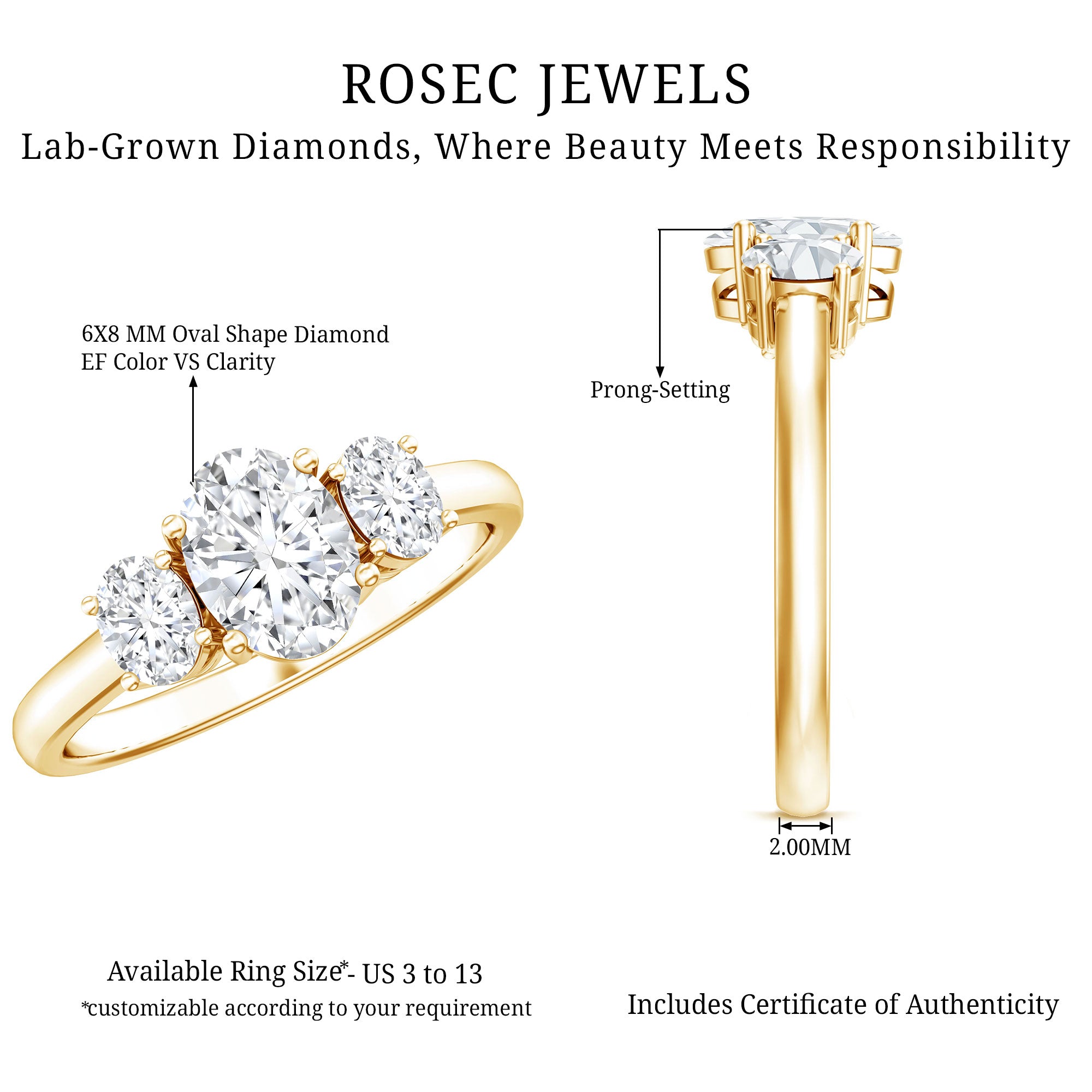 Rosec Jewels-Certified Lab Grown Diamond 3 Stone Engagement Ring For Women
