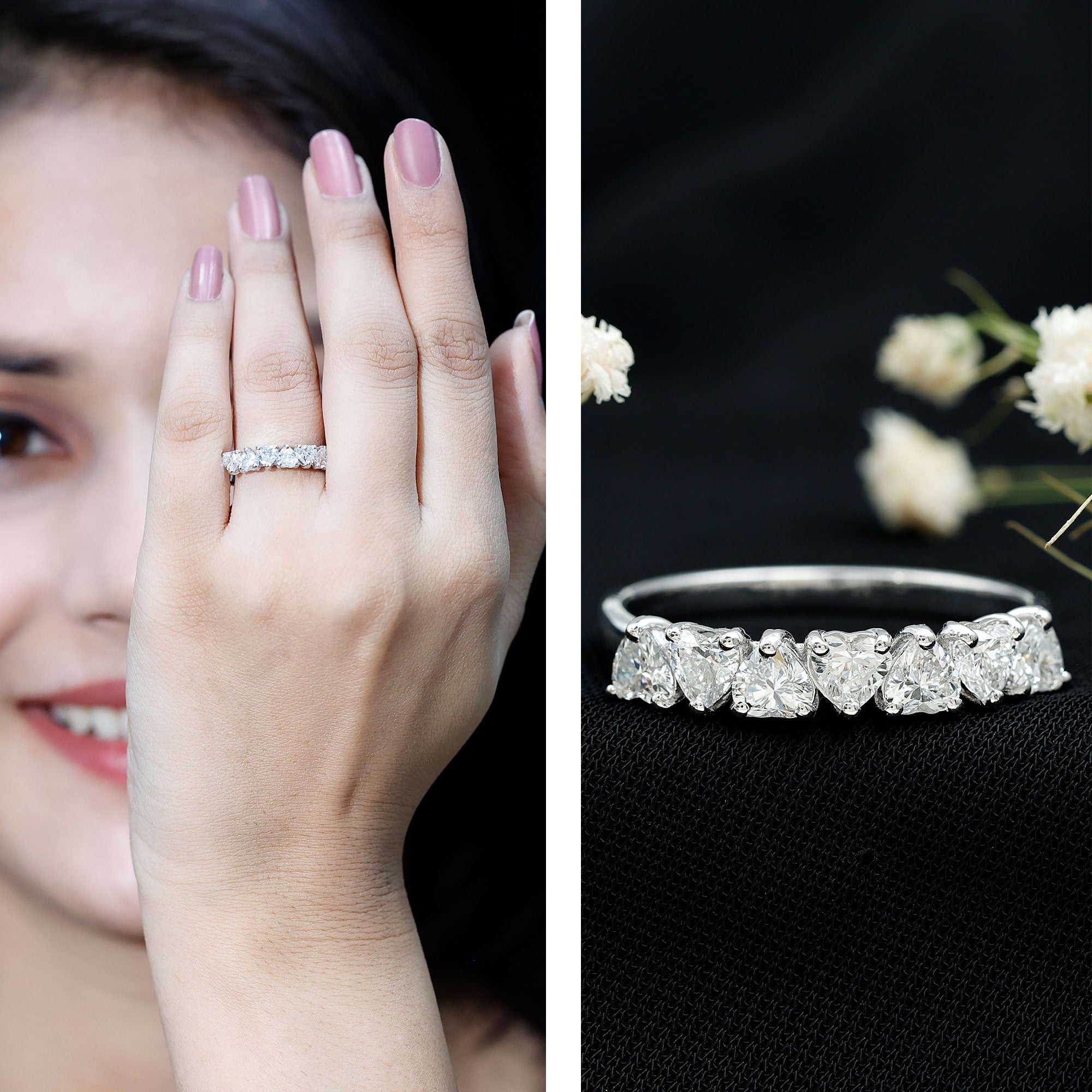 Certified Lab Heart Shaped Diamond Half Eternity Ring Lab - ( EF-VS ) - Rosec Jewels