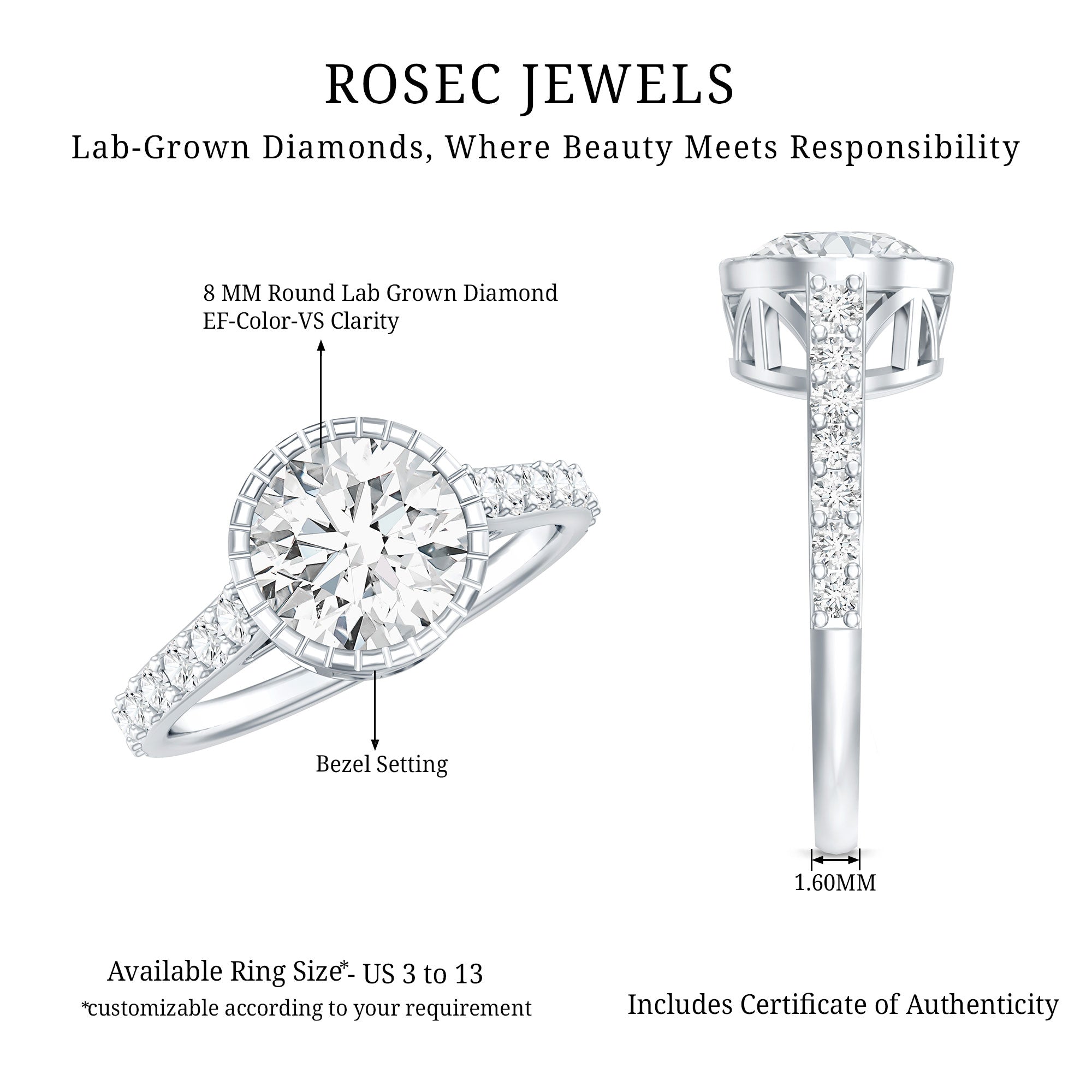 Certified Bezel Set Lab Grown Diamond Engagement Ring With Side Stones Lab - ( EF-VS ) - Rosec Jewels