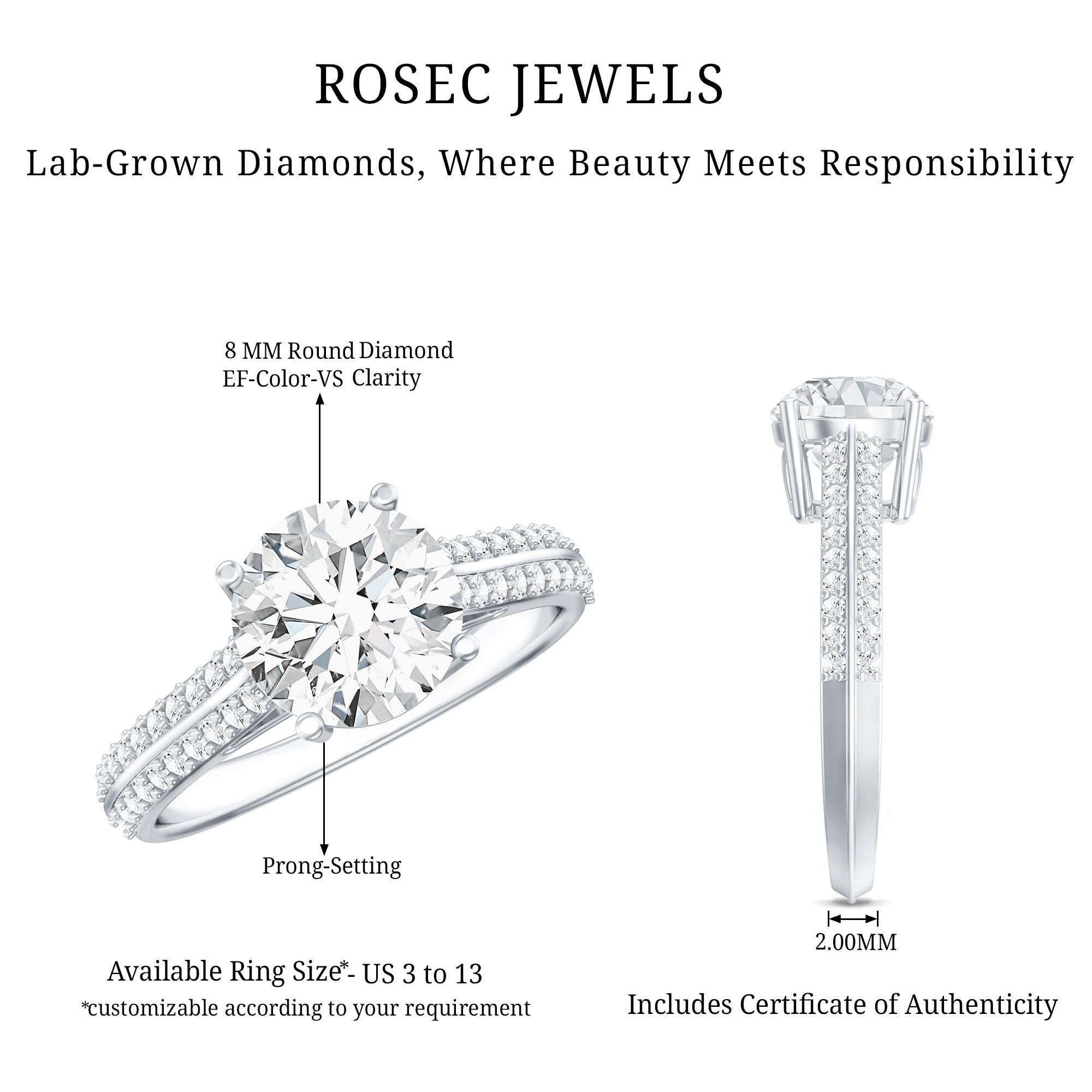 Certified Lab Grown Diamond 8 MM Simple Engagement Ring With Side Stones Lab - ( EF-VS ) - Rosec Jewels