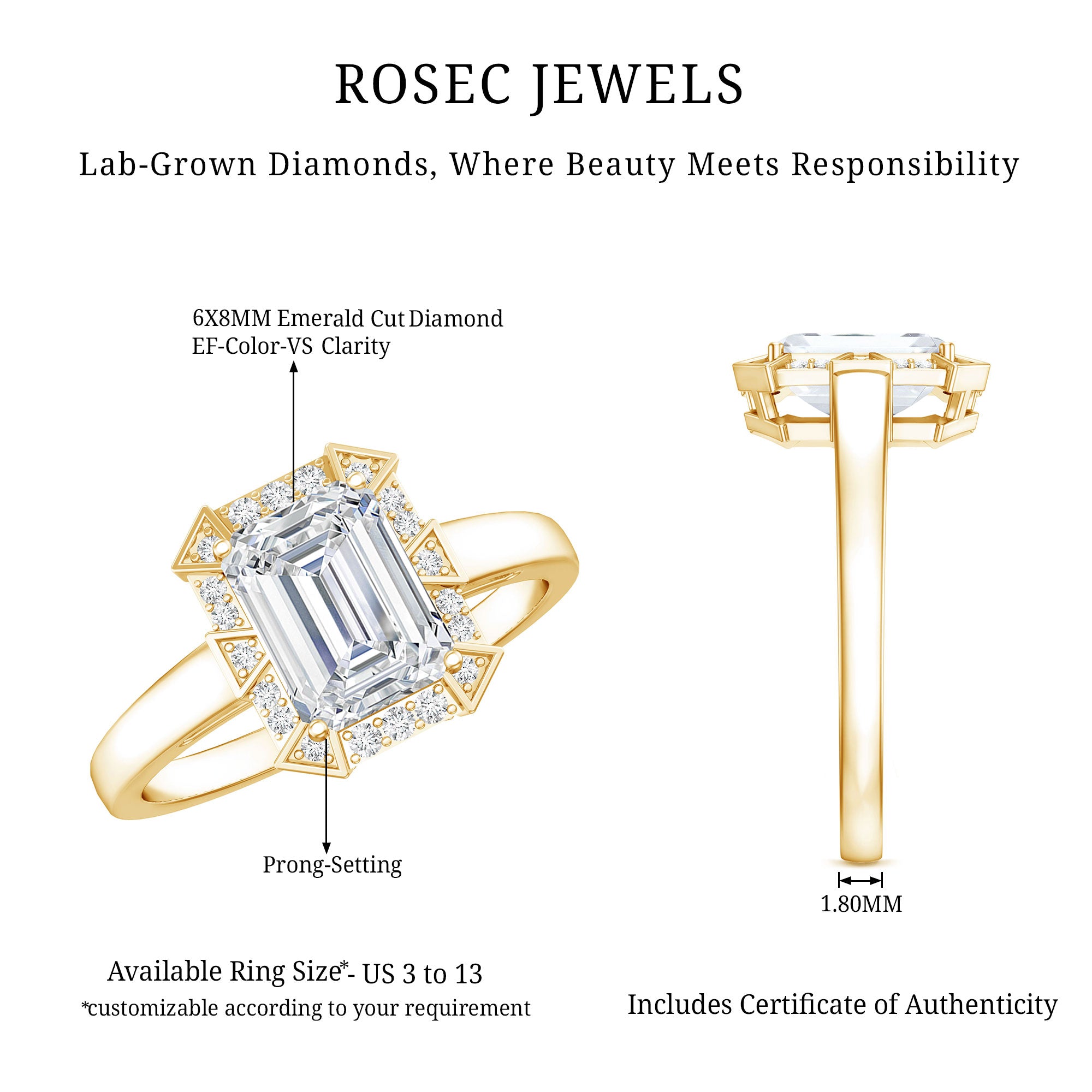 Certified 1 Carat Lab Grown Diamond Emerald Cut Engagement Ring Lab - ( EF-VS ) - Rosec Jewels