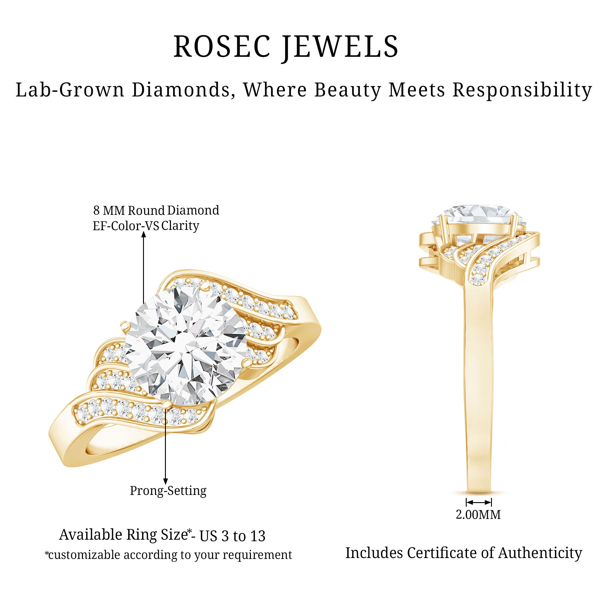 Rosec Jewels-Certified 8 MM Lab Grown Diamond Unique Engagement Ring