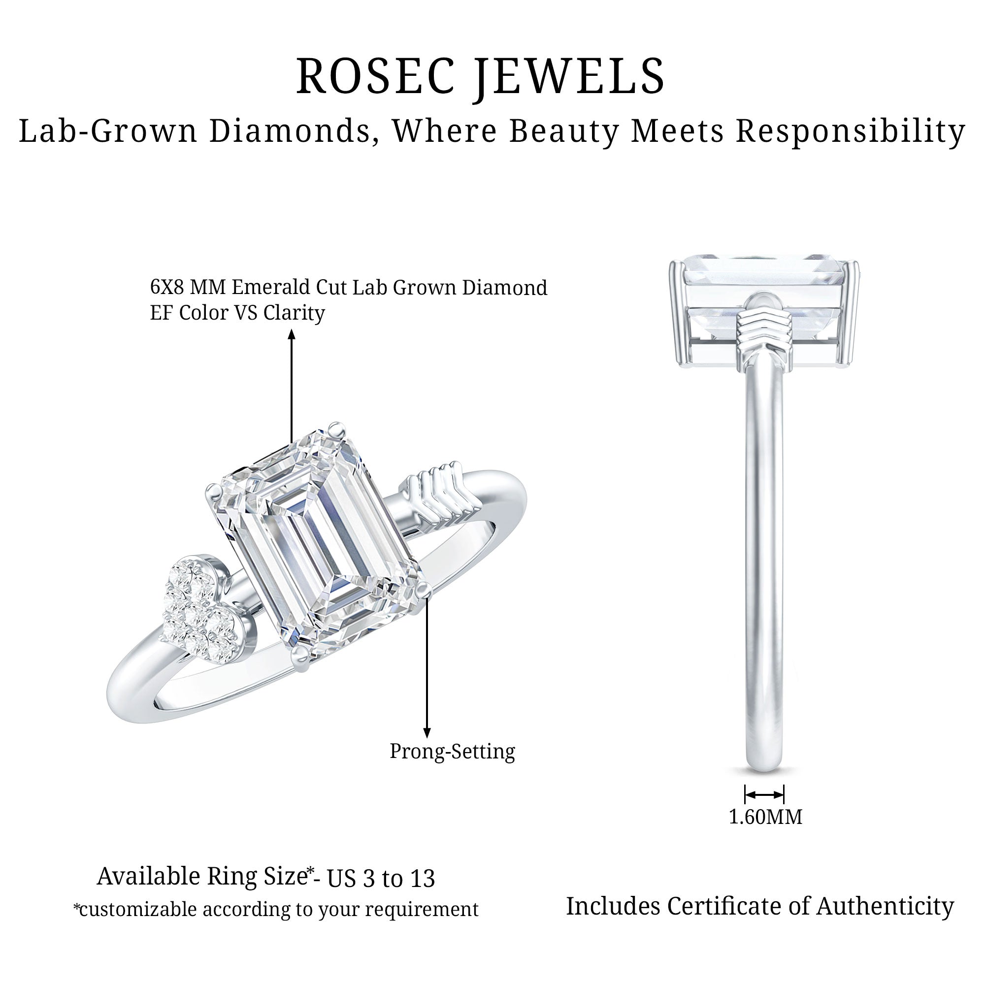 Lab Grown Diamond Emerald Cut Designer Engagement Ring Lab - ( EF-VS ) - Rosec Jewels
