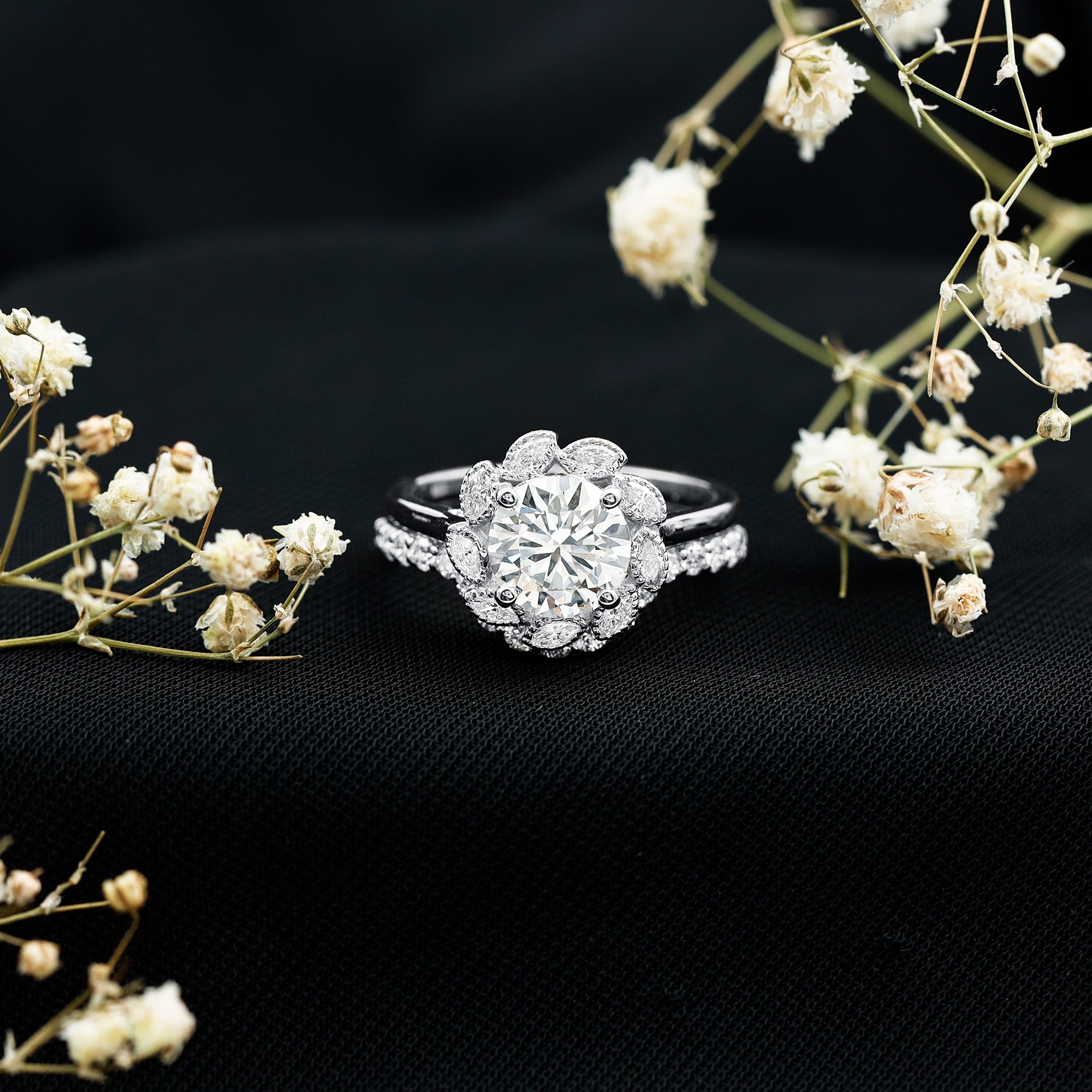 Lab Grown Diamond Vintage Inspired Engagement Ring with Wedding Band Lab - ( EF-VS ) - Rosec Jewels