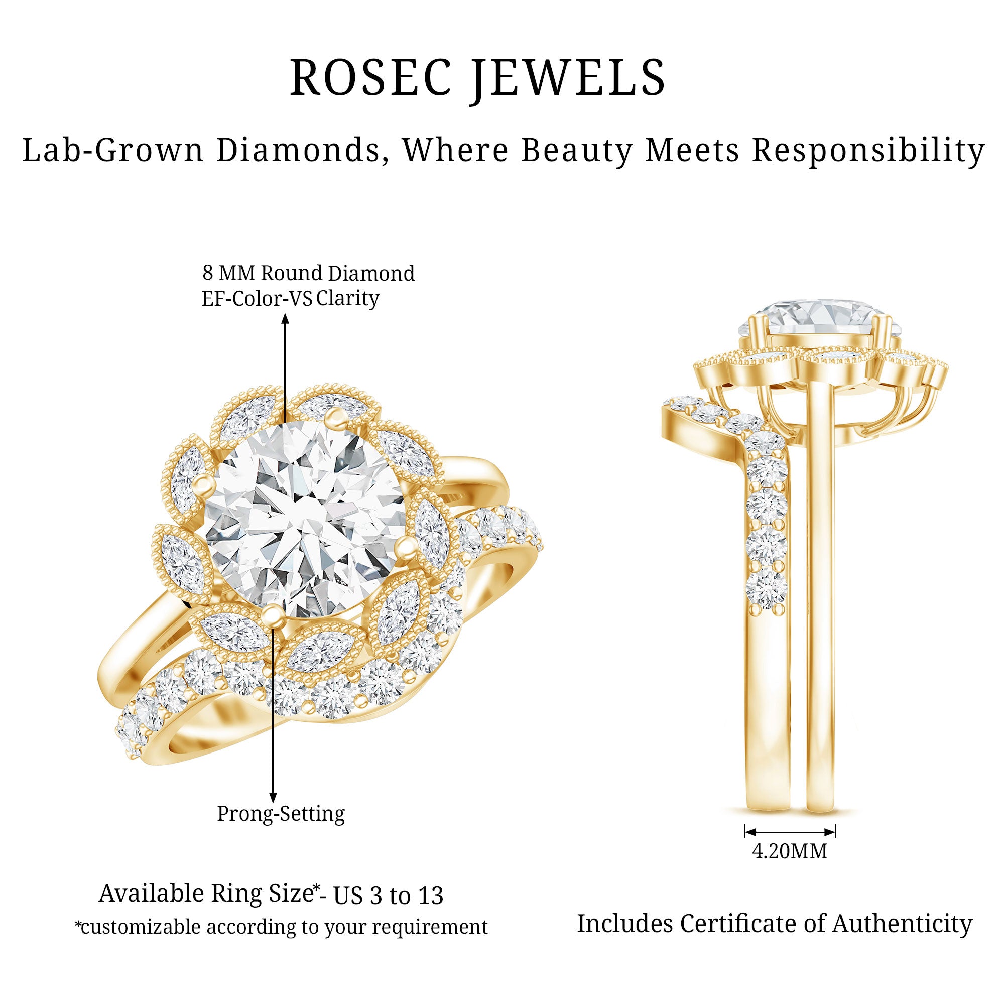 Lab Grown Diamond Vintage Inspired Engagement Ring with Wedding Band Lab - ( EF-VS ) - Rosec Jewels