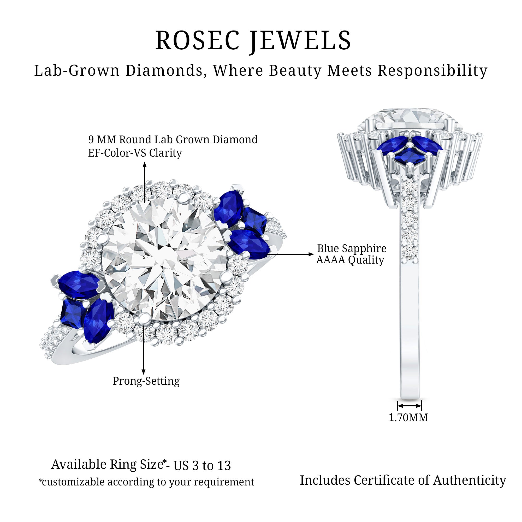 9 mm Lab Grown Diamond Halo Engagement Ring With Blue Sapphire Lab - ( EF-VS ) - Rosec Jewels