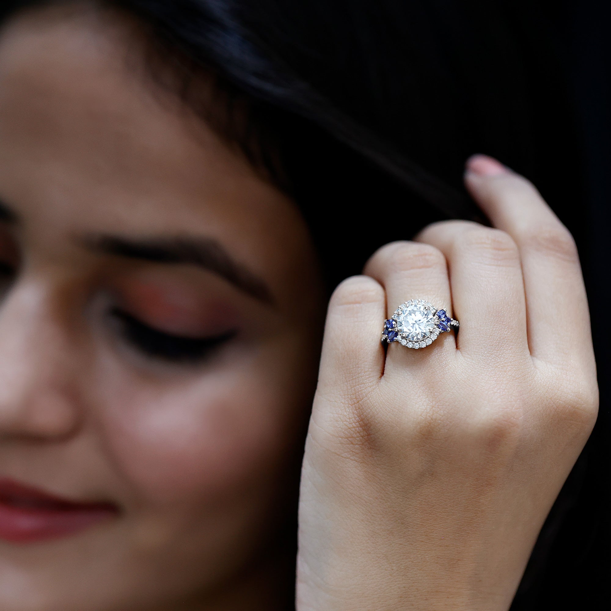 9 mm Lab Grown Diamond Halo Engagement Ring With Blue Sapphire Lab - ( EF-VS ) - Rosec Jewels