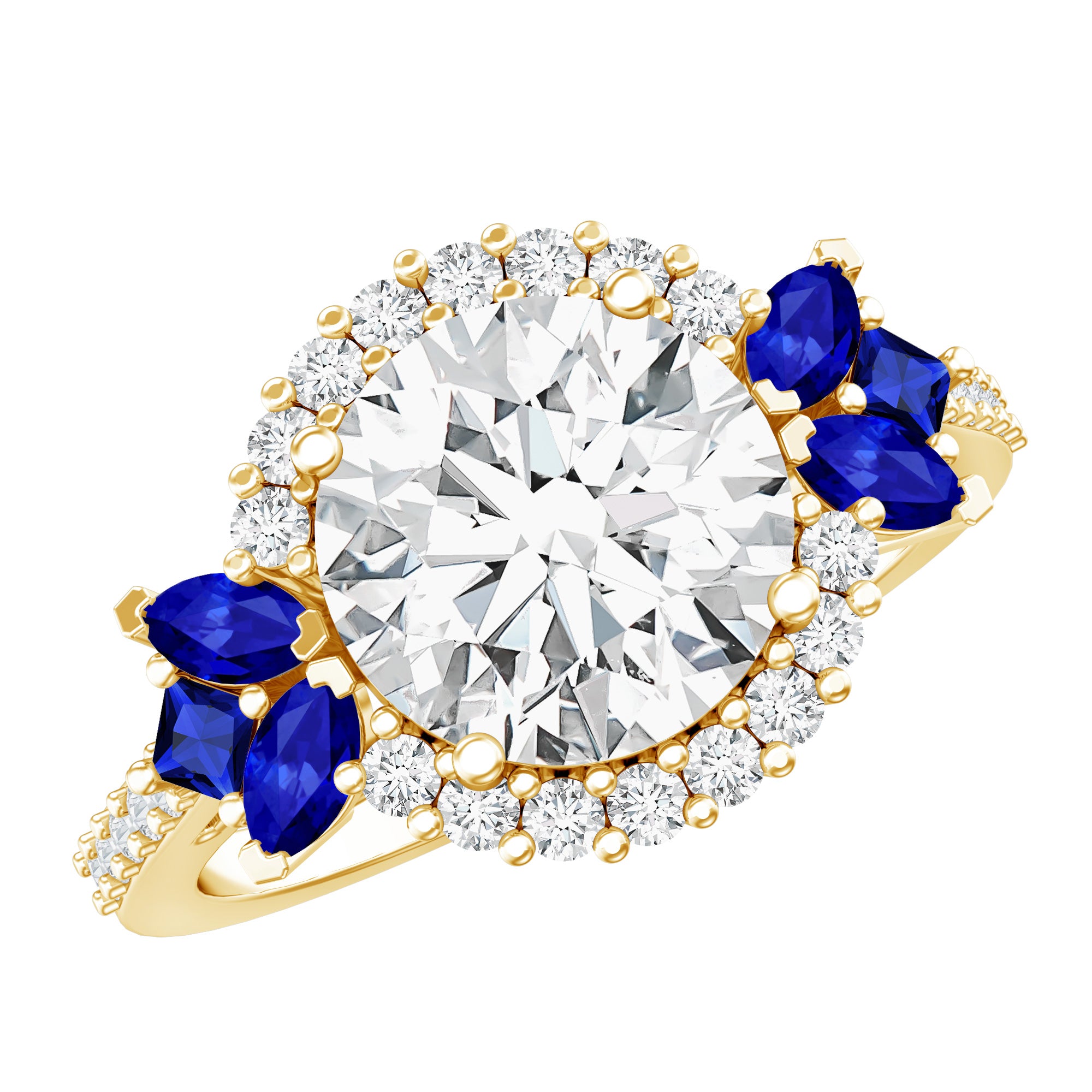 9 mm Lab Grown Diamond Halo Engagement Ring With Blue Sapphire Lab - ( EF-VS ) - Rosec Jewels