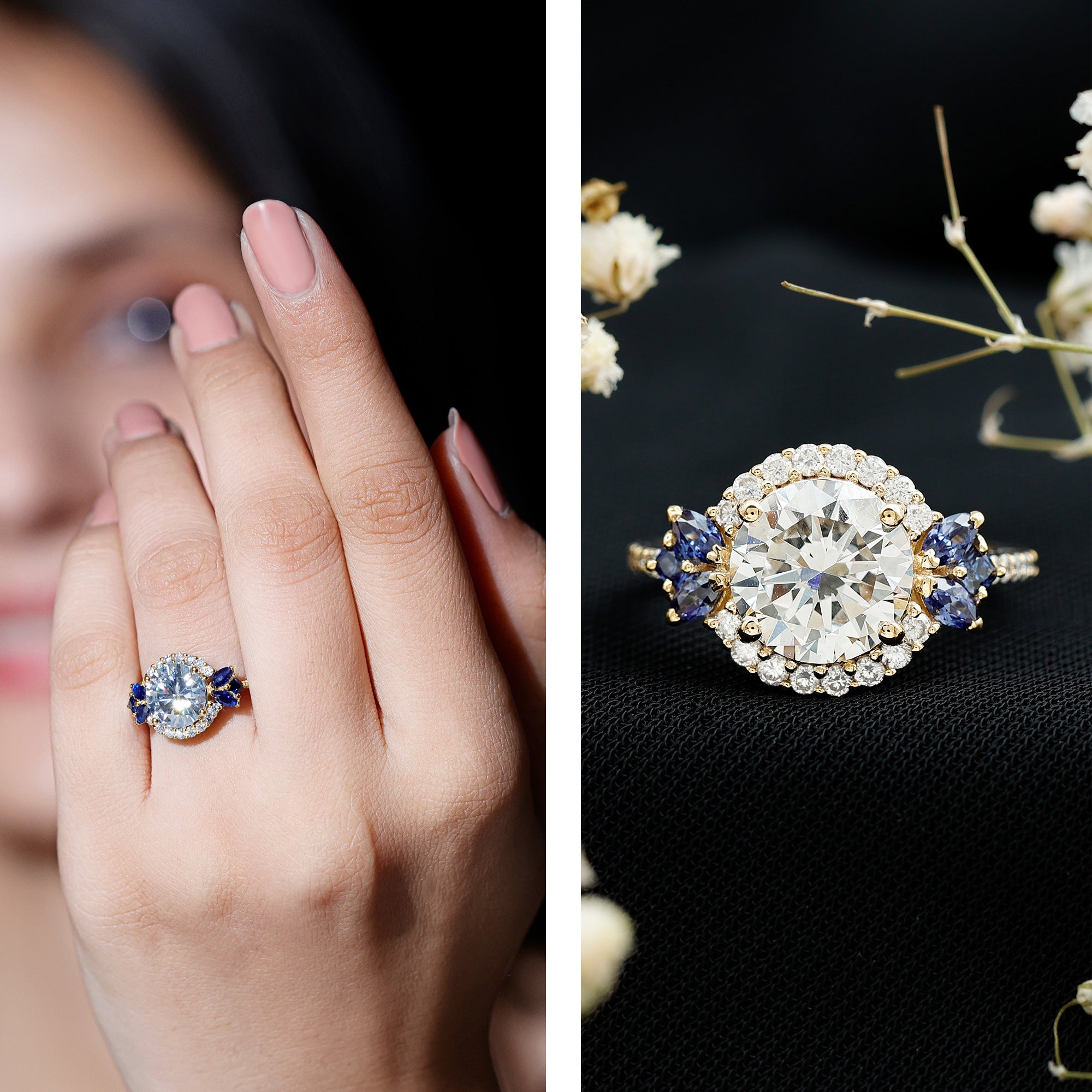 9 mm Lab Grown Diamond Halo Engagement Ring With Blue Sapphire Lab - ( EF-VS ) - Rosec Jewels