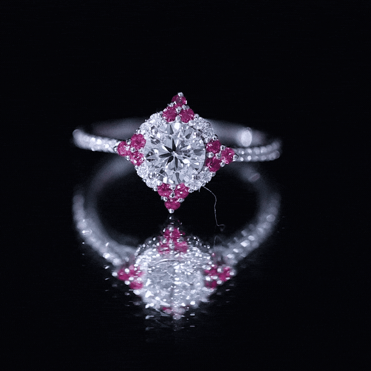Certified Lab Grown Diamond Halo Engagement Ring with Ruby Lab - ( EF-VS ) - Rosec Jewels