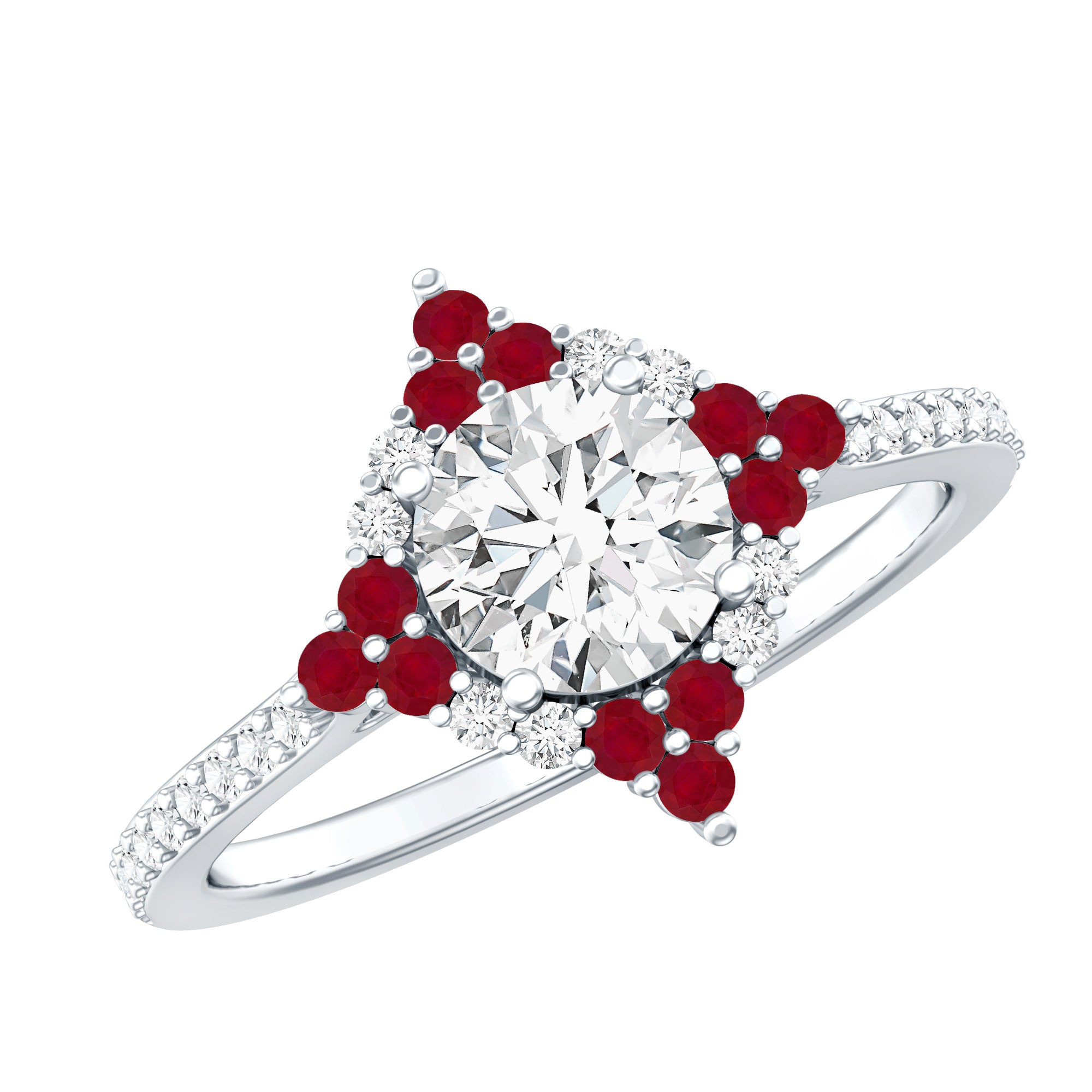 Certified Lab Grown Diamond Halo Engagement Ring with Ruby Lab - ( EF-VS ) - Rosec Jewels