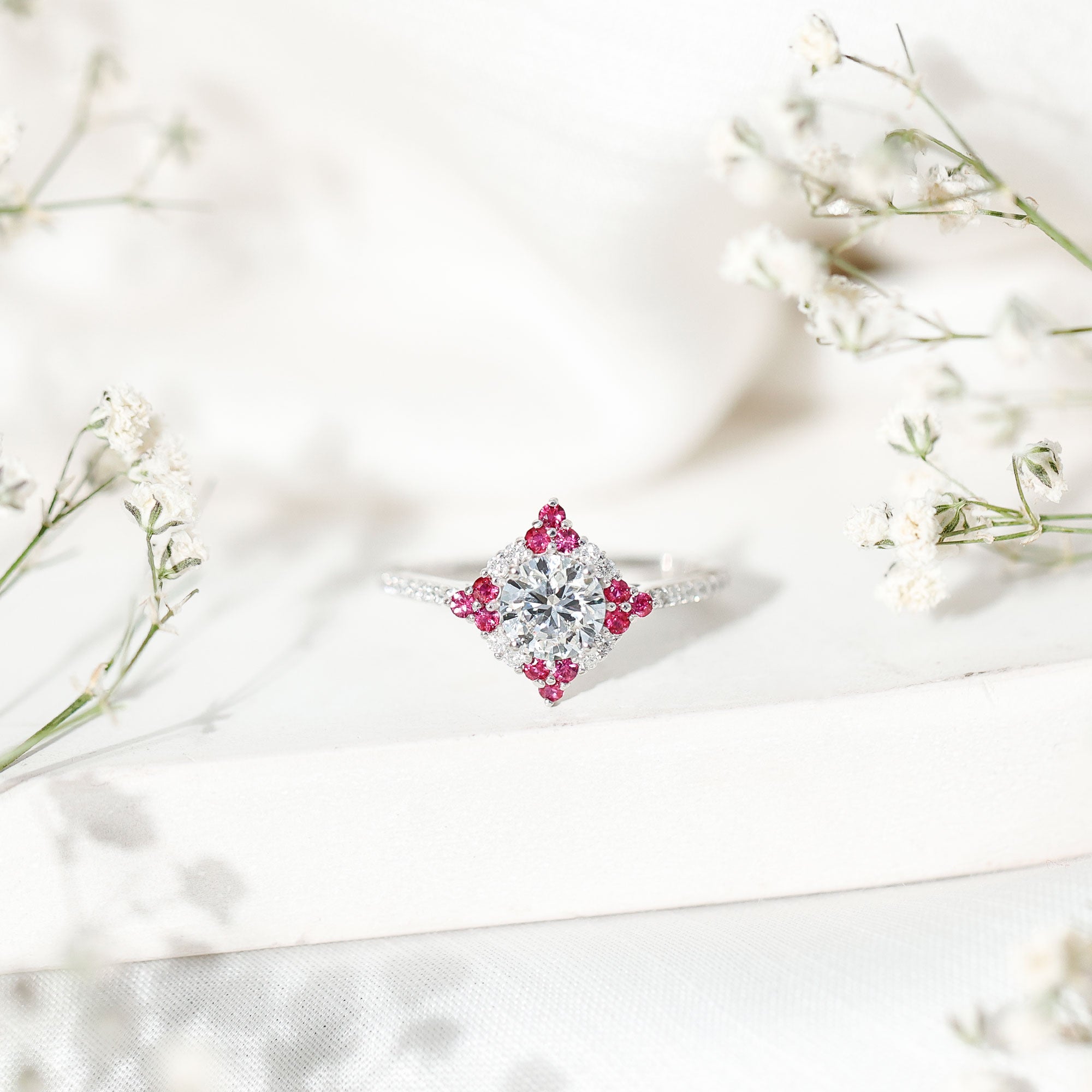 Certified Lab Grown Diamond Halo Engagement Ring with Ruby Lab - ( EF-VS ) - Rosec Jewels