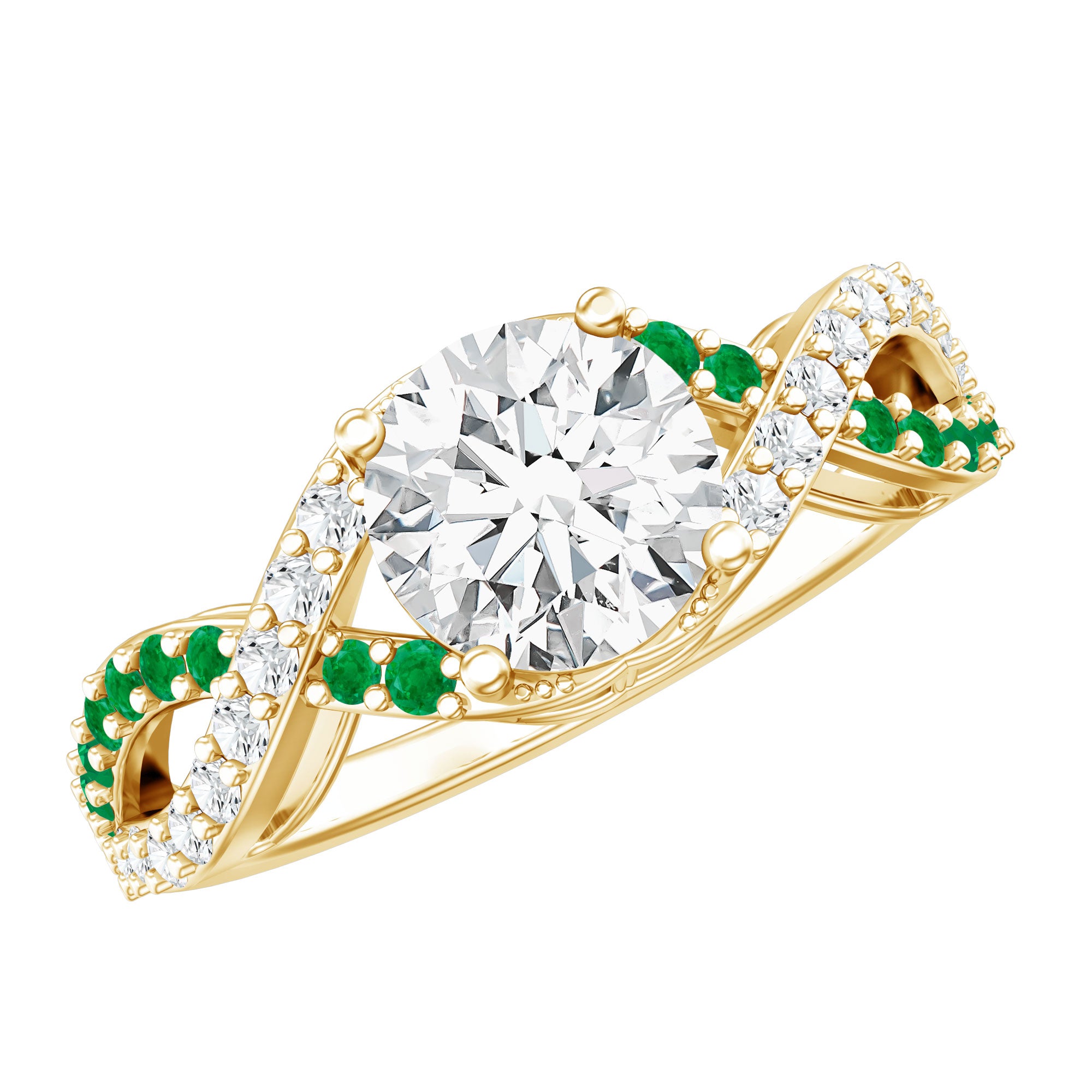 Lab Grown Diamond Crossover Engagement Ring with Emerald Lab - ( EF-VS ) - Rosec Jewels