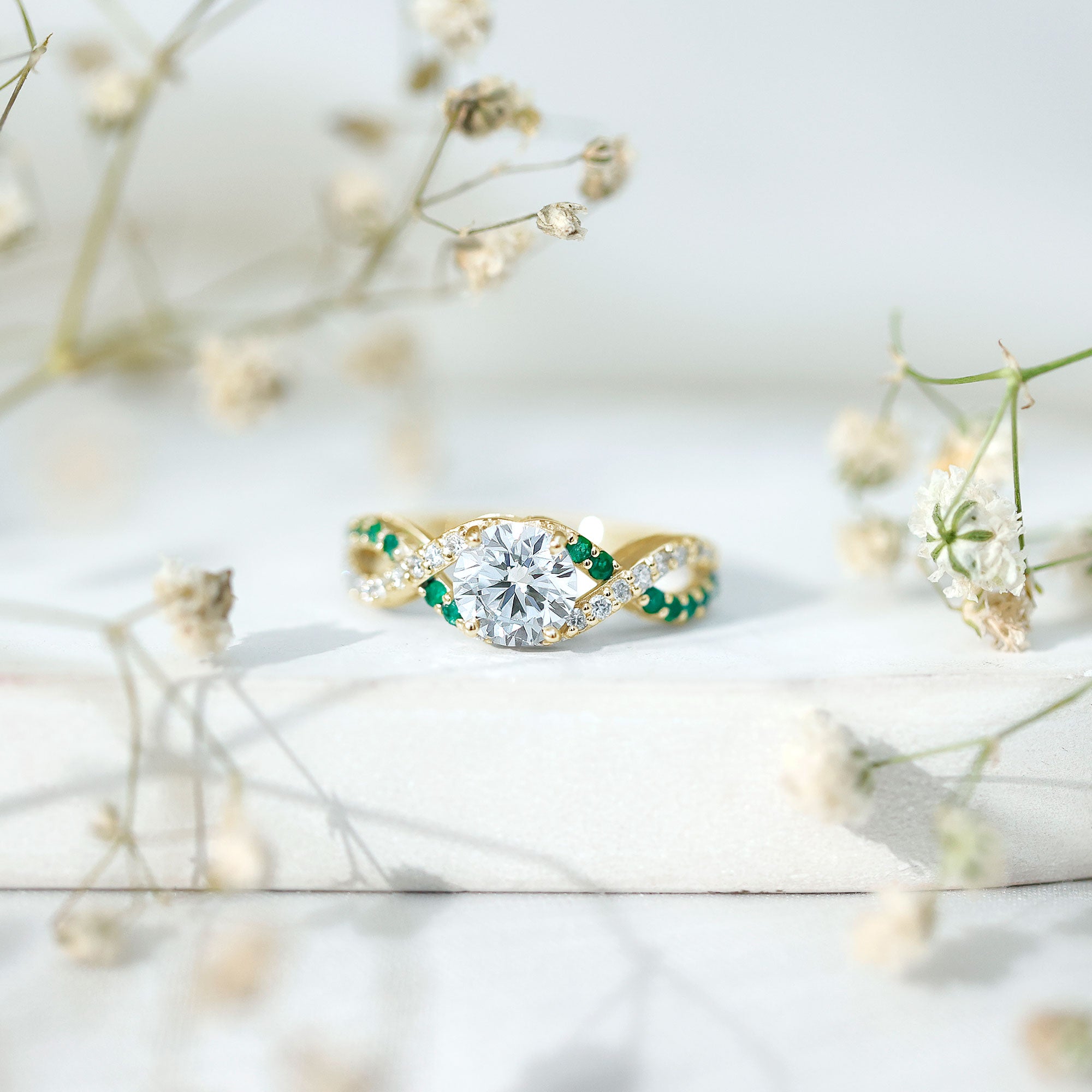Lab Grown Diamond Crossover Engagement Ring with Emerald Lab - ( EF-VS ) - Rosec Jewels
