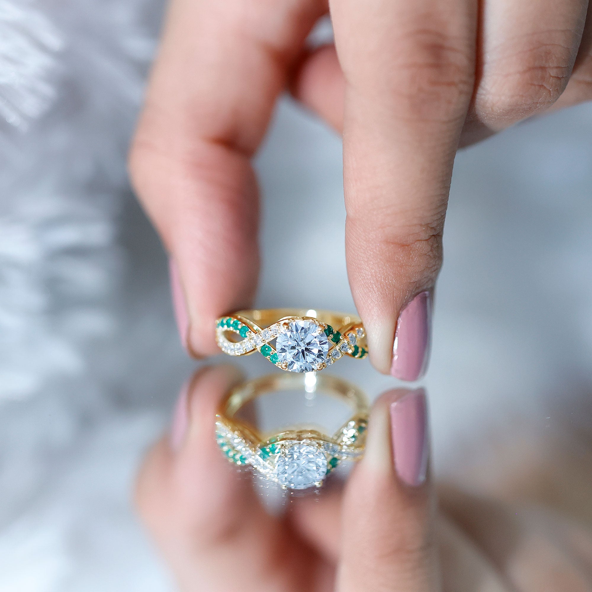 Lab Grown Diamond Crossover Engagement Ring with Emerald Lab - ( EF-VS ) - Rosec Jewels